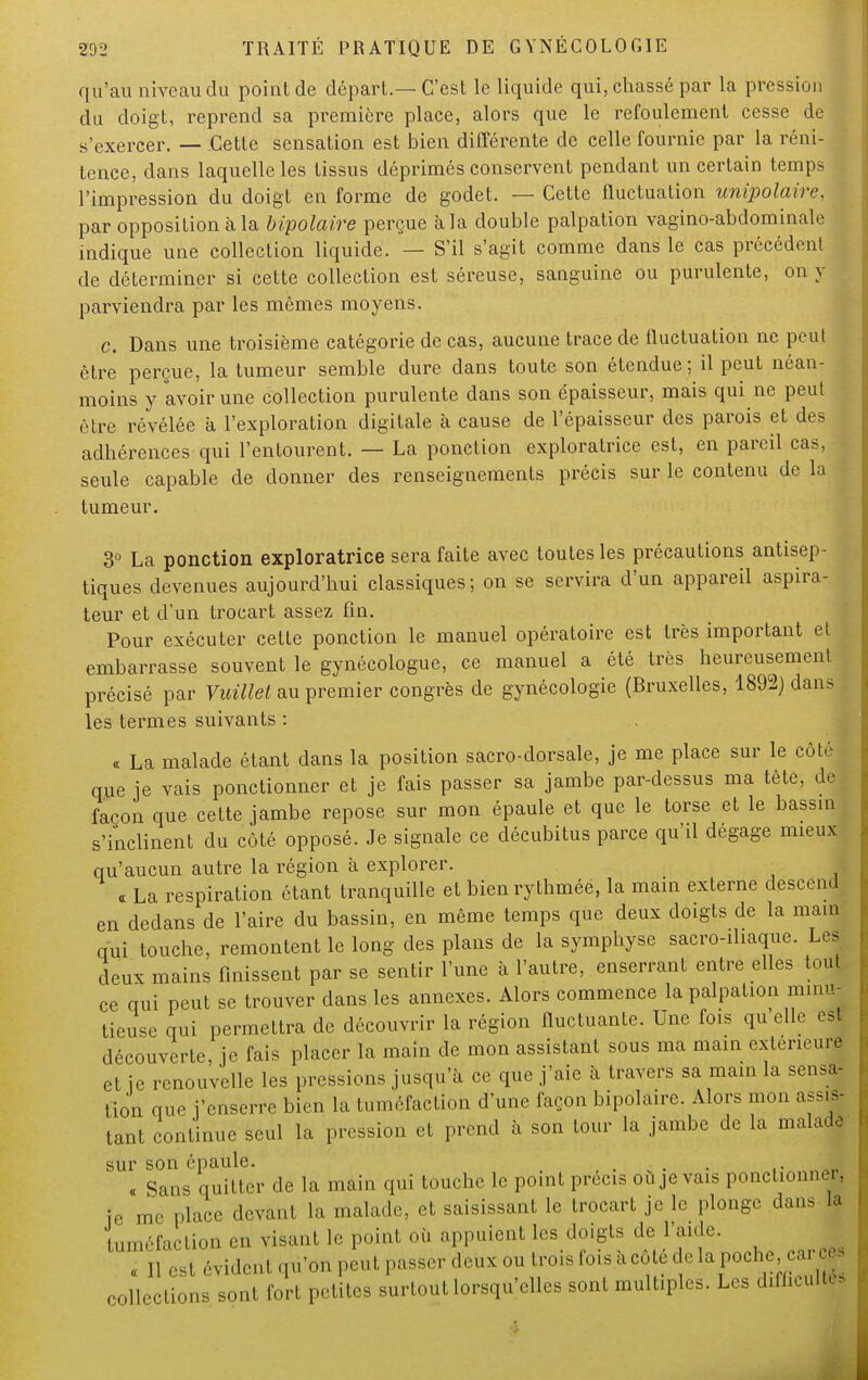 qu'au niveau du point de départ.—C'est le liquide qui, chassé par la pression du doigt, reprend sa première place, alors que le refoulement cesse de s'exercer. — Cette sensation est bien différente de celle fournie par la réni- tence, dans laquelle les tissus déprimés conservent pendant un certain temps l'impression du doigt en forme de godet. — Cette fluctuation unipolaire, par opposition à la bipolaire perçue à la double palpation vagino-abdominale indique une collection liquide. — S'il s'agit comme dans le cas précédent de déterminer si cette collection est séreuse, sanguine ou purulente, on y parviendra par les mêmes moyens. c. Dans une troisième catégorie de cas, aucune trace de fluctuation ne peut être perçue, la tumeur semble dure dans toute son étendue; il peut néan- moins y avoir une collection purulente dans son épaisseur, mais qui ne peut être révélée à l'exploration digitale à cause de l'épaisseur des parois et des adhérences qui l'entourent. — La ponction exploratrice est, en pareil cas, seule capable de donner des renseignements précis sur le contenu de la tumeur. 3° La ponction exploratrice sera faite avec toutes les précautions antisep- tiques devenues aujourd'hui classiques; on se servira d'un appareil aspira- teur et d'un trocart assez fin. Pour exécuter cette ponction le manuel opératoire est très important et embarrasse souvent le gynécologue, ce manuel a été très heureusement précisé par Vuillet au premier congrès de gynécologie (Bruxelles, 1892) dans les termes suivants : « La malade étant dans la position sacro-dorsale, je me place sur le côt| que je vais ponctionner et je fais passer sa jambe par-dessus ma tète, de façon que cette jambe repose sur mon épaule et que le torse et le bassin s'inclinent du côté opposé. Je signale ce décubitus parce qu'il dégage mieux qu'aucun autre la région à explorer. « La respiration étant tranquille et bien rythmée, la main externe descend en dedans de l'aire du bassin, en même temps que deux doigts de la main qui touche, remontent le long des plans de la symphyse sacro-iliaque. Les deux mains finissent par se sentir l'une à l'autre, enserrant entre elles tout ce nui peut se trouver dans les annexes. Alors commence la palpation minu- tieuse qui permettra de découvrir la région fluctuante. Une fois qu elle est découverte, je fais placer la main de mon assistant sous ma main extérieure et ie renouvelle les pressions jusqu'à ce que j'aie à travers sa main la sensa- tion que j'enserre bien la tuméfaction d'une façon bipolaire. Alors mon assis- tant continue seul la pression et prend à son tour la jambe de la malade sur son épaule. , . ,. « Sans quitter de la main qui touche le point précis ou je vais ponctionna, !e me place devant la malade, et saisissant le trocart je le plonge dans la tuméfaction en visant le point où appuient les doigts de l'aide. SI1 est évident qu'on peut passer deux ou trois fois à côte de la poche car e collections sont fort petites surtout lorsqu'elles sont multiples. Les difficulté.