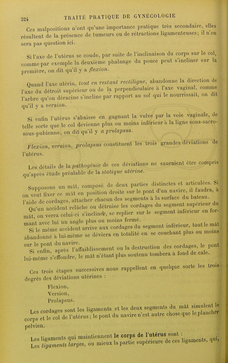 Ces malpositions n'ont qu'une importance pratique très secondaire, elles résultent de la présence de tumeurs ou de rétractions ligamenteuses; il n'en sera pas question ici. Si l'axe de l'utérus se coude, par suite de l'inclinaison du corps sur le col, comme par exemple la deuxième phalange du pouce peut s'incliner sur la première, on dit qu'il y a flexion. Ouand l'axe utérin, tout en restant rectiligne, abandonne la direction de l'axe du détroit supérieur ou de la perpendiculaire à l'axe vaginal, comme l'arbre qu'on déracine s'incline par rapport au sol qui le nourrissait, on dit qu'il y a version. Si enfin l'utérus s'abaisse en gagnant la vulve par la voie vaginale, de telle sorte que le col devienne plus ou moins inférieur à la ligne sous-sacro- sous-pubienne, on dit qu'il y a prolapsus. Flexion, version, prolapsus constituent les trois grandes déviations de l'utérus. Les détails de la pathogénie de ces déviations ne sauraient être compris qu'après étude préalable de la statique utérine. Supposons un mât, composé de deux parties distinctes et articulées. Si on veut fixer ce mât en position droite sur le pont d'un navire, il faudra, a ï^e^es, attacher chacun des segments à la surface du bateau. ot'un ac ident relâche ou détruise les cordages du segmen supeneur du mat on verra celui-ci s incline*, se replier sur le segment mfeneur en for- ^oJt avpp lui un anele plus ou moins ferme. Si e nrie accident amve aux cordages du segment inférieur, toutle ma abandonne lui-même se déviera en totalité en se couchant plus ou moins SUSileenfinl a^ffaiblissement ou la destruction des cordages, le pont lui m^me oindre, le mât n'étant plus soutenu tombera a fond de cale. Ces trois étapes successives nous rappellent en quelque sorte les trois degrés des déviations utérines : Flexion, Version, Prolapsus. I c„rda<res sont les ligaments et les deux segments du mât simulent le eorp, et îe cofde 1 utérus fie pont du navire n'est autre chose que le planche, pelvien.