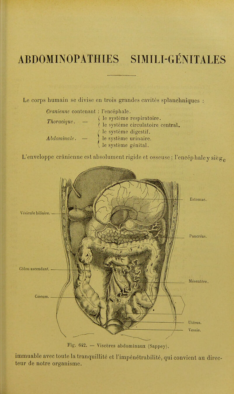 ABDOMINOPATHIES SIMILI-GÉNITALES Le corps humain se divise en trois grandes cavités splancliniques : Crânienne contenant : l'encéphale. ( le système respiratoire. ( le système circulatoire central. f le système digestif. ] le système urinaire. ' le système génital. Thoracique. Abdominale. L'enveloppe crânienne est absolument rigide et osseuse ; l'encéphale y siège Vésicule biliaire. Côlon ascendant. Cœcum. Estomac. Pancréas. Mésentère. Ulérus. Vessie. Fig. 642. — Viscères abdominaux (Sappey). immuable avec toute la tranquillité et l'impénétrabilité, qui convient au direc- teur de notre organisme.