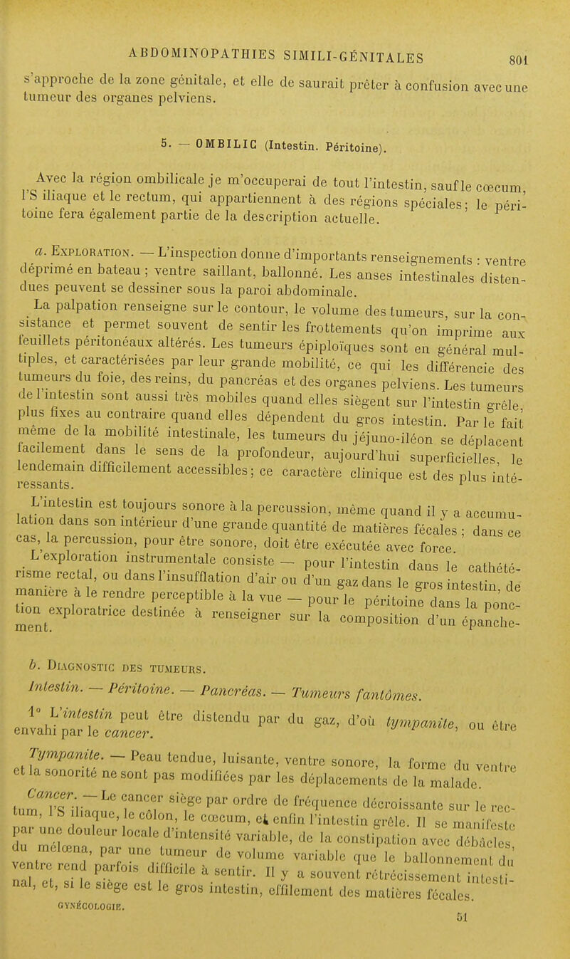 s'approche de la zone génitale, et elle de saurait prêter à confusion avec une tumeur des organes pelviens. 5. - OMBILIC (Intestin. Péritoine). Avec la région ombilicale je m'occuperai de tout l'intestin, sauf le cœcum l'S iliaque et le rectum, qui appartiennent à des régions spéciales- le péri- toine fera également partie de la description actuelle. a. Exploration. - L'inspection donne d'importants renseignements ■ ventre déprime en bateau ; ventre saillant, ballonné. Les anses intestinales disten- dues peuvent se dessiner sous la paroi abdominale. _ La palpation renseigne sur le contour, le volume des tumeurs, sur la con- sistance et permet souvent de sentir les frottements qu'on imprime aux leuillets péntonéaux altérés. Les tumeurs épiploïques sont en général mul tiples, et caractérisées par leur grande mobilité, ce qui les différencie des tumeurs du foie, des reins, du pancréas et des organes pelviens. Les tumeurs de 1 intestin sont aussi très mobiles quand elles siègent sur l'intestin çrêle plus fixes au contraire quand elles dépendent du gros intestin. Par le fait même de la mobilité intestinale, les tumeurs du jéjuno-iléon se déplacent aci ement dans le sens de la profondeur, aujourd'hui superficielles, le lendemain difficilement accessibles; ce caractère clinique est des plus inté- i cSScin. es. L'intestin est toujours sonore à la percussion, même quand il y a accumu- lation dans son intérieur d'une grande quantité de matières fécales ; dans ce cas, la percussion, pour être sonore, doit être exécutée avec force L exploration instrumentale consiste - pour l'intestin dans le cathété- nsme recta , ou dans l'insufflation d'air ou d'un gaz dans le gros intestin e marnere a le rendre perceptible à la vue - pour le péritoine dan la Pon ^exploratrice destinée à renseigner sur la composition d'un épanche- b. Diagnostic des tumeurs. Intestin. - Péritoine. - Pancréas. - Tumeurs fantômes. JLw^f1 PCUl Ôtre dislendu par du ««• d'où tmpanite, ou être envahi par le cancer. p Tympanite. - Peau tendue, luisante, ventre sonore, la forme du ventre et la sonorité ne sont pas modifiées par les déplacements de la malade tummii^u' WaT ST °rdre dC ''qUenCe ^tount* sur le rec- tum 1 S haque, le colon, le cœcum, et enfin l'intestin grêle. Il se manifeste par une douleur locale d'intensité variable, de la constipation avec ,1.1 *> mélœna, par une tumeur de volume variable que 1, ballonnement du vent, rend parfois difficile à senti, Il y a souvent rétrécissemenHntesÏ nal, et, si le siège est le gros intestin, elfilemcnt des matières fécales. GYNÉCOLOGIE. 51