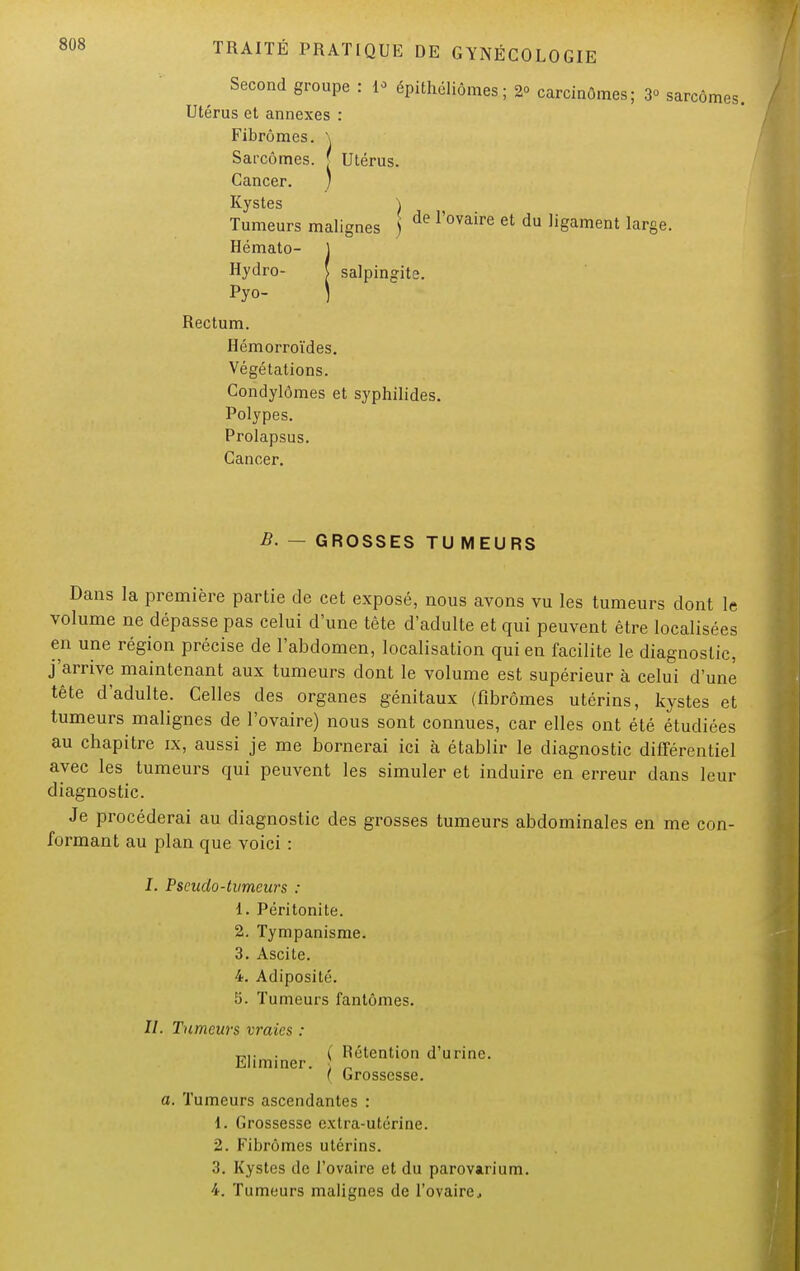 Second groupe : i« épithéliômes; 2» carcinomes; 3° sarcomes. Utérus et annexes : Fibromes. \ Sarcomes. ' Utérus. Cancer. ) Kystes \ Tumeurs malignes ) de Povaire et du ligament large. Hémato- ] Hydro- ( salpingite. Pyo- ) Rectum. Hémorroïdes. Végétations. Condylômes et syphilides. Polypes. Prolapsus. Cancer. B. — GROSSES TUMEURS Dans la première partie de cet exposé, nous avons vu les tumeurs dont le volume ne dépasse pas celui d'une tête d'adulte et qui peuvent être localisées en une région précise de l'abdomen, localisation qui en facilite le diagnostic, j'arrive maintenant aux tumeurs dont le volume est supérieur à celui d'une tête d'adulte. Celles des organes génitaux (fibromes utérins, kystes et tumeurs malignes de l'ovaire) nous sont connues, car elles ont été étudiées au chapitre ix, aussi je me bornerai ici à établir le diagnostic différentiel avec les tumeurs qui peuvent les simuler et induire en erreur dans leur diagnostic. Je procéderai au diagnostic des grosses tumeurs abdominales en me con- formant au plan que voici : I. Pseudo-tumeurs : 1. Péritonite. 2. Tympanisme. 3. Ascite. 4. Adiposité. 5. Tumeurs fantômes. II. Tumeurs vraies : t,,. . ( Rétention d'urine. Eliminer. ( Grossesse. a. Tumeurs ascendantes : 1. Grossesse extra-utérine. 2. Fibromes utérins. 3. Kystes de l'ovaire et du parovarium. 4. Tumeurs malignes de l'ovaire.,