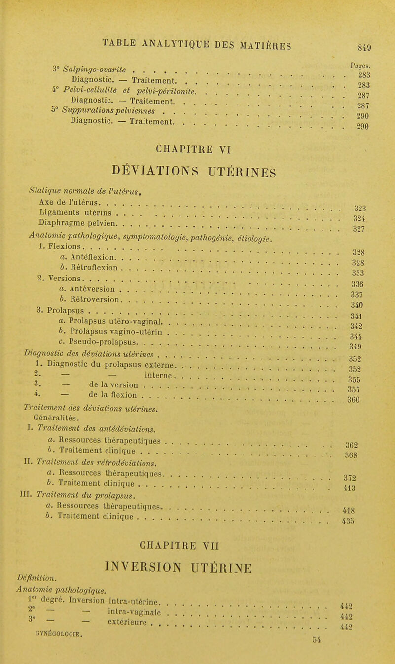 3° Salpingo-ovarite a| Diagnostic. — Traitement \ 2 4° Pelvi-cellulite et pelvi-péritonite ,' 2 Diagnostic. — Traitement .... 21 5° Suppurations pelviennes ' ' 9< Diagnostic. — Traitement ' ' { CHAPITRE VI DÉVIATIONS UTÉRINES Statique normale de l'utérus. Axe de l'utérus 303 Ligaments utérins *  ~r Diaphragme pelvien ~* Anatomie pathologique, symptomatologie, pathogénie, étiologie. 1. Flexions 390 a. Antéflexion ' ° b. Rétroflexion 333 2. Versions ... 336 a. Anteversion ^ b. Rétroversion „ „ . 340 0. Prolapsus a. Prolapsus utéro-vaginal ' b. Prolapsus vagino-utérin ' c. Pseudo-prolapsus 349 Diagnostic des déviations utérines 0.j2 1. Diagnostic du prolapsus externe ,1 O . . àOi — — interne — de la version ^ 4- — de la flexion Jtn 360 Traitement des déviations utérines. Généralités. I. Traitement des antédéviations. a. Ressources thérapeutiques .J(J9 b. Traitement clinique ODO IT _ . • 368 11. Traitement des rétrodévialions. a. Ressources thérapeutiques 3-, b. Traitement clinique .... . ... ^ 413 III. Traitement du prolapsus. a. Ressources thérapeutiques 41„ b. Traitement clinique ' ' ^ CHAPITRE VII INVERSION UTÉRINE Définition. A natomie pathologique. 1er degré. Inversion intra-utérine. 2« . , . 442 ~ ~ mtra-vaginale 4i9 6 ~ — extérieure  GYNÉGOLOGIE.