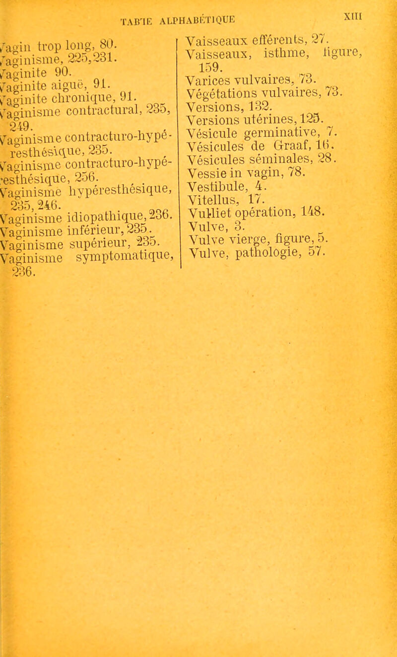 TAB'IE /agin trop long, 80. ^aginisme, 225,231. k^aginite 90. ^^aginite aiguë, 91. Vaginite chronique, 91. v^aoinisme contractural, 2àJ, 249. Vaoinisme contracturo-hypé - i^sthésicvue, 235. V'aginiame contracturo-nype- •estliésique, 256. ^^aoinisme hvpéresthesique, 235,246. Vaginisme icliopathique, 2ob. Vaginisme inférieur, 235. Vaginisme supérieur, 23a. Vaginisme symptomatique, 236. ALPHABÉTIQUE XIII Vaisseaux efférents, 27. Vaisseaux, isthme, ligure, 159. Varices vulvaires, 73. Végétations vulvaires, 73. Versions, 132. Versions utérines, 125. Vésicule germinative, 7. Vésicules de Graaf, 16. Vésicules séminales, 28. Vessie in vagin, 78. Vestibule, 4. Vitellus, 17. VuHiet opération, 148. Vulve, 3. Vulve vierge, figure, 5. Vulve, pathologie, 57.