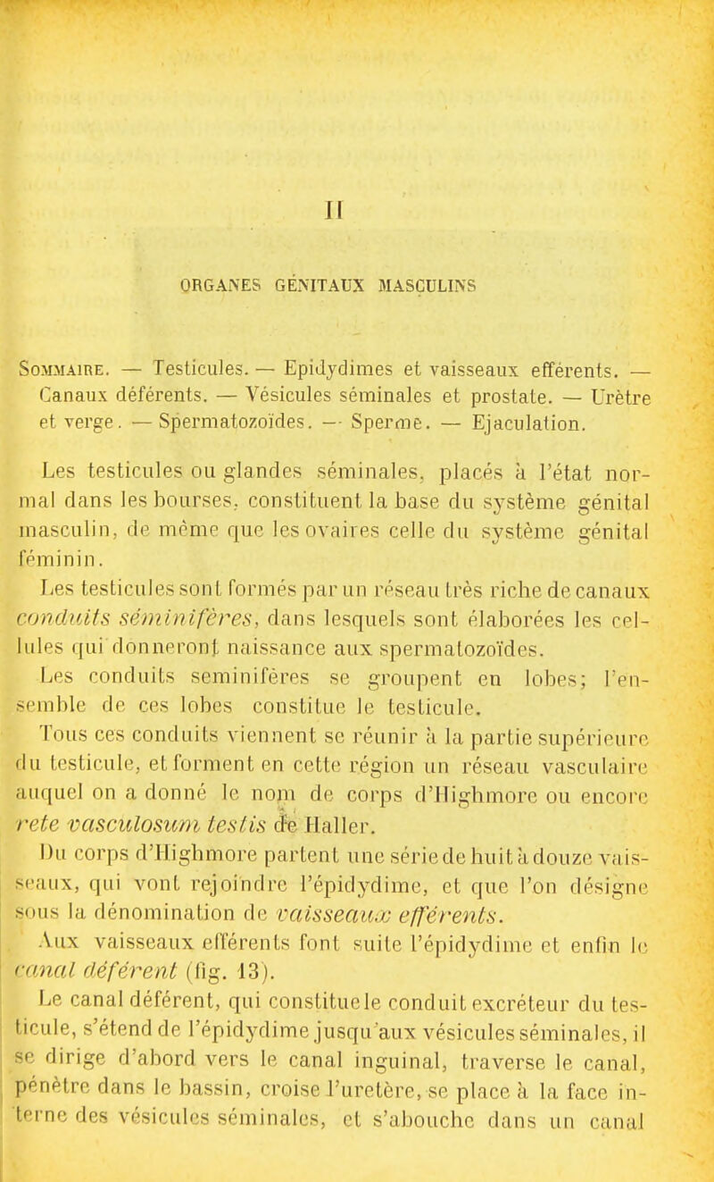 n ORGANES GÉNITAUX MASCULINS Sommaire. — Testicules. — Epidjdimes et vaisseaux efférents. — Canaux déférents. — Vésicules séminales et prostate. — Urètre et verge. —Spermatozoïdes. -■ Sperme. — Ejaculation. Les testicules ou glandes séminales, placés à l'état nor- mal dans les bourses, constituent la base du système génital masculin, de même que les ovaires celle du système génital féminin. Les testicules sont formés par un réseau très riche de canaux conduits séminifères, dans lesquels sont élaborées les cel- lules qui donneront naissance aux spermatozoïdes. Les conduits séminifères se groupent en lobes; l'en- semble de ces lobes constitue le testicule. Tous ces conduits viennent se réunir à la partie supérieure du testicule, et forment en cette région un réseau vasculaire auquel on a donné le nojii de corps d'ilighmore ou encore rete vasculosum testis dfe Haller. Du corps d'Highmore partent une série de huit à douze vais- M'aux, qui vont rejoindre l'épidydime, et que l'on désigne sous la dénomination de vaisseaux efférents. .Vux vaisseaux efférents font suite l'épidydime et enfin le < (inal déférent (fig. 13). Le canal déférent, qui constituele conduit excréteur du tes- ticule, s'étend de l'épidydime jusqu'aux vésicules séminales, il se dirige d'abord vers le canal inguinal, traverse le canal, pénètre dans le bassin, croise l'uretère, se place à la face in- terne des vésicules séminales, et s'abouche dans un canal