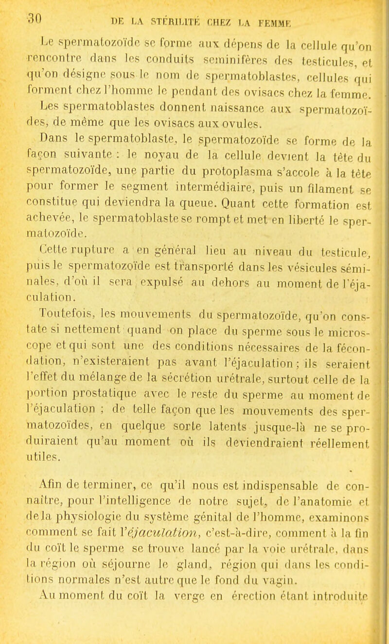 Le spermatozoïde se forme aux dépens de la cellule qu'on rencontre dans les conduits seminifères des testicules, et qu'on désigne sous le nom de spermatoblastes, cellules qui forment chez l'homme le pendant des ovisacs chez la femme. Les spermatoblastes donnent naissance aux spermatozoï- des, de même que les ovisacs aux ovules. Dans le spermatoblaste. le spermatozoïde se forme de la façon suivante : le noyau de la cellule devient la tète du spermatozoïde, une partie du protoplasma s'accole à la tête pour former le segment intermédiaire, puis un filament se constitue qui deviendra la queue. Quant cette formation est achevée, le spermatoblaste se rompt et met en liberté le sper- matozoïde. Cette rupture a en général lieu au niveau du testicule, puis le spermatozoïde est transporté dans les vésicules sémi- nales, d'où il sera , expulsé au dehors au moment de l'éja- culation. Toutefois, les mouvements du spermatozoïde, qu'on cons- tate si nettement quand on place du sperme sous le micros- cope et qui sont une des conditions nécessaires de la fécon- dation, n'existeraient pas avant l'éjaculation ; ils seraient l'effet du mélange de la sécrétion urétrale, surtout celle de la portion prostatique avec le reste du sperme au moment de l'éjaculation ; de telle façon que les mouvements des sper- matozoïdes, en quelque sorte latents jusque-là ne se pro- duiraient qu'au moment où ils deviendraient réellement utiles. Afin de terminer, ce qu'il nous est indispensable de con- naître, pour l'intelligence de notre sujet, de l'anatomie et deJa physiologie du système génital de l'homme, examinons comment se fait l'éjaculation, c'est-à-dire, comment à la fin du coït le sperme se trouve lancé par la voie urétrale, dans la région où séjourne le gland, région qui dans les condi- tions normales n'est autre que le fond du vagin. Au moment du coït la verge en érection étant introduiir