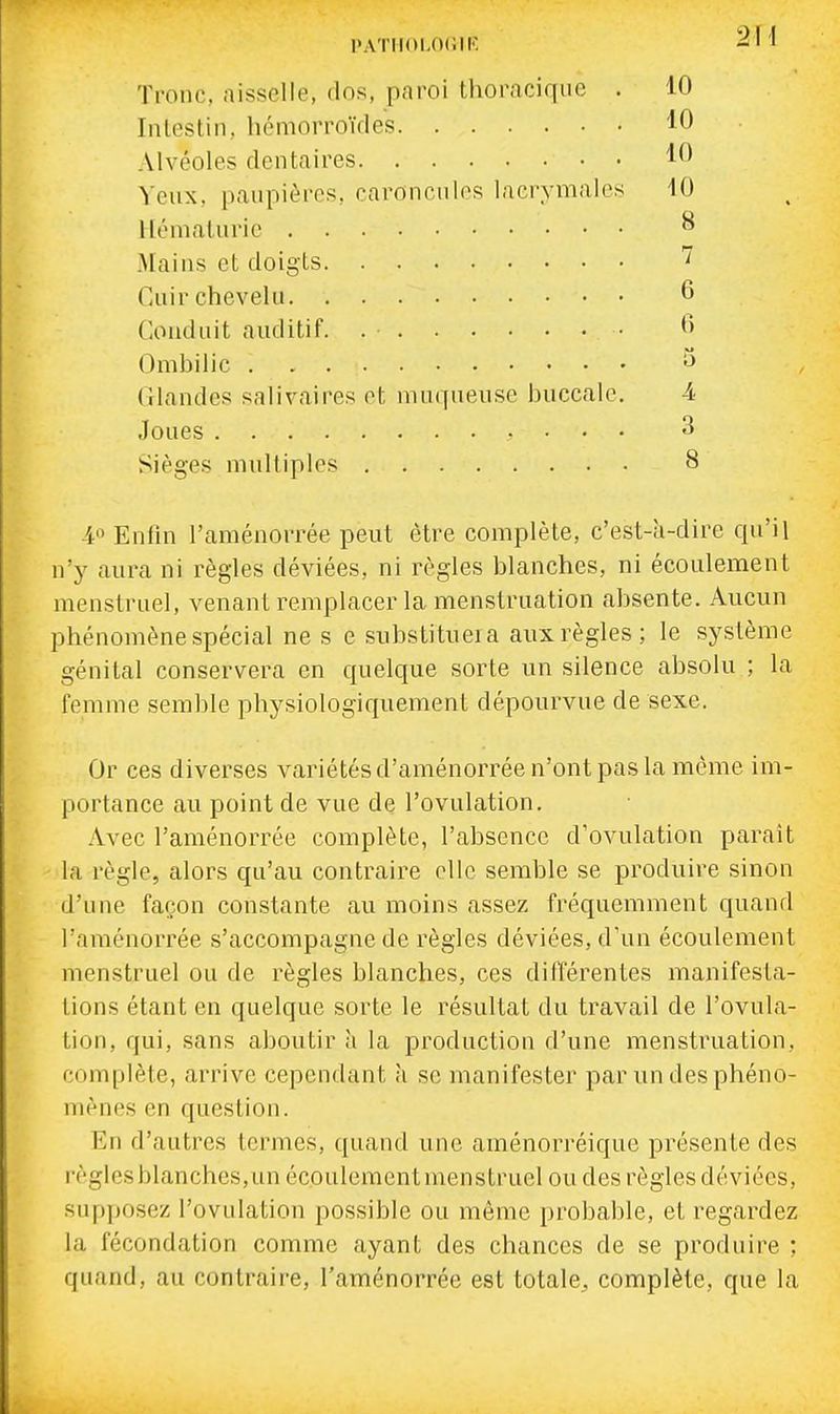 l'ATIIOLOCIK Tronc, aisselle, dos, paroi thoracique . 10 10 10 Veux, paupières, caroncnlos lacrymales 10 8 7 6 () a Glandes salivaires et muqueuse buccale. 4 3 8 -4'^ Enfin l'aménorrée peut être complète, c'est-à-dire qu'il n'y aura ni règles déviées, ni règles blanches, ni écoulement menstruel, venant remplacer la menstruation absente. Aucun phénomène spécial ne s e substituera aux règles; le système génital conservera en quelque sorte un silence absolu ; la femme semble physiologiquement dépourvue de sexe. Or ces diverses variétés d'aménorrée n'ont pas la même im- portance au point de vue de l'ovulation. Avec l'aménorrée complète, l'absence d'ovulation paraît la règle, alors qu'au contraire elle semble se produire sinon d'une façon constante au moins assez fréquemment quand l'aménorrée s'accompagne de règles déviées, d'un écoulement menstruel ou de règles blanches, ces différentes manifesta- tions étant en quelque sorte le résultat du travail de l'ovula- tion, qui, sans aboutir à la production d'une menstruation, complète, arrive cependant à se manifester par un des phéno- mènes en question. En d'autres termes, quand une aménorréique présente des règles blanches,un écoulement menstruel ou des règles déviées, supposez l'ovulation possible ou même probable, et regardez la fécondation comme ayant des chances de se produire ; quand, au contraire, l'aménorrée est totale, complète, que la
