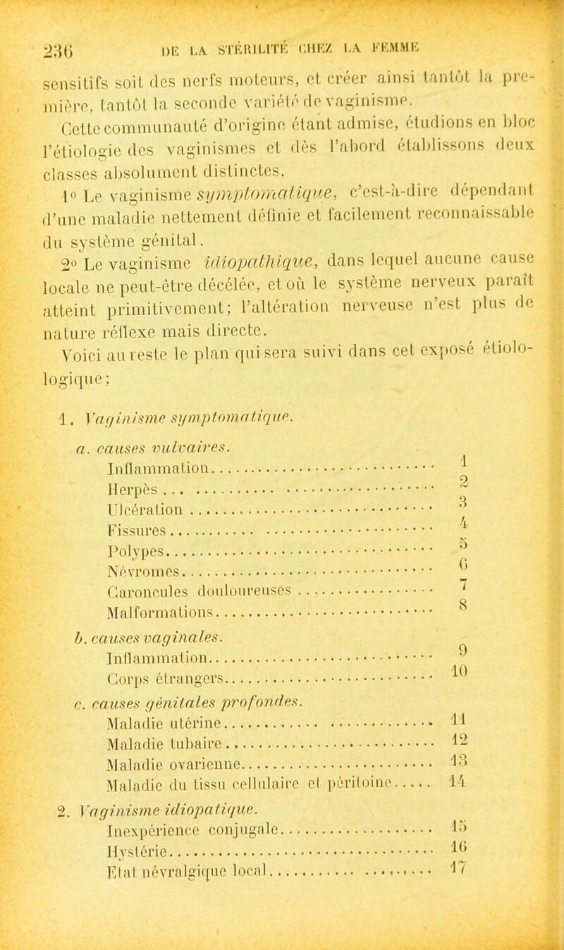 sensilifs soiL des nerfs moteurs, et créer ainsi tantôt la pre- mière, tfinlùt la seconde variété de vaginisme. Cette communauté d'origine étant admise, étudions en bloc l'étiologie des vaginismes et dès l'abord établissons deux classes absolument distinctes. -10 Le vaginisme sy77îptomatiqiœ, c'est-à-dire dépendant d'une maladie nettement définie et facilement reconnaissable du système génital. 2° Le vaginisme idiopathique, dans lequel aucune cause locale ne peut-être décélée, et où le système nerveux parait atteint primitivement; l'altération nerveuse n'est plus de nature réflexe mais directe. Voici au reste le plan qui sera suivi dans cet exposé étiolo- logique; 1. Vaginisme syniptomntique a. causes vulvaires. Inflammation Herpès Ulcéralion Fissures Polypes Névromes Caroncules douloureuses Malformations b. causes vaginales. Inflammation • Corps étrangers c. causes génitales profondes. Maladie utérine Maladie tubaire Maladie ovarienne Maladie du tissu cellulaire el périloiuo 2. l'aginisme idiopatique. Inexpérience conjugale Hystérie Klat névralgi(pe local 1 2 3 4 5 G . 8 . 9 . 10 , 11 . 12 . 13 . 14 . iri . 10 . 17