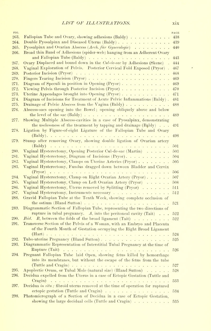 FIG. PAGE 263. Fallopian Tube and Ovary, showing adhesions (Baldy) 438 264. Double Pyosalpinx and Diseased Uterus (Baldy) 439 265. Pyosalpinx and Ovarian Abscess {Arch, fur Gynecologie) 440 266. Broad thin Band of Adhesions (spider-web) hanging from an Adherent Ovary and Fallopian Tube (Baldy) 443 267. Ovary Displaced and bound down in the Cul-de-sac by Adhesions (Skene) . 444 268. Vaginal Exploration of Pelvis. Posterior Cervical Fold Exposed (Pryor) . 467 269. Posterior Incision (Pryor) 468 270. Fingers Tearing Incision (Pryor) 469 271. Diagram of Speculi in position in Opening (Pryor) 469 272. Viewing Pelvis through Posterior Incision (Pryor) 470 273. Uterine Appendages brought into Opening (Pryor) 471 274. Diagram of Incisions for Treatment of Acute Pelvic Inflammations (Baldy) . 481 275. Drainage of Pelvic Abscess from the Vagina (Baldy) 488 276. Abscess-sacs opening into the Bowel; opening obliquely above and below the level of the sac (Baldy) 489 277. Showing Multiple Abscess-cavities in a case of Pyosalpinx, demonstrating the uselessness of the treatment by tapping and drainage (Baldy) . . . 491 278. Ligation by Figure-of-eight Ligature of the Fallopian Tube and Ovary (Baldy) 498 279. Stump after removing Ovary, showing double ligation of Ovarian artery (Baldy) 501 280. Vaginal Hysterectomy, Opening Postei'ior Cul-de-sac (Martin) 503 281. Vaginal Hysterectomy, Diagram of Incisions (Pryor) 504 282. Vaginal Hysterectomy, Clamps on Uterine Arteries (Pryor) 505 283. Vaginal Hysterectomy, Fundus dragged down between Bladder and Cervix (Pryor) 506 284. Vaginal Hysterectomy, Clamp on Right Ovarian Artery (Pryor) 507 285. Vaginal Hysterectomy, Clamp on Left Ovarian Artery (Pryor) 508 286. Vaginal Hysterectomy, Uterus removed by Splitting (Pryor) 511 287. Vaginal Hysterectomy, Instruments necessary , 512 288. Gravid Fallopian Tube at the Tenth Week, showing complete occlusion of the ostium (Bland Sutton) 521 289. Diagrammatic Section of Fallopian Tube, representing the two directions of rupture in tubal pregnancy. A, into the peritoneal cavity (Tait) . . . 522 290. Ibid. B, between the folds of the broad ligament (Tait) 522 291. Transverse Section of the Pelvis of a Woman, with an Embryo and Placenta of the Fourth Month of Gestation occupying the Right Broad Ligament (Hart) 524 292. Tubo-uterine Pregnancy (Bland Sutton) 525 293. Diagrammatic Representation of Interstitial Tubal Pregnancy at the time of Rupture (Tait) 526 294. Pregnant Fallopian Tube laid Open, showing fetus killed by hemorrhage into its membranes, but without the escape of the fetus from the tube (Tuttle and Cragin) 527 295. Apoplectic Ovum, or Tubal Mole (natural size) (Bland Sutton) 528 296. Decidua expelled from the Uterus in a case of Ectopic Gestation (Tuttle and Cragin) 533 297. Decidua in situ ; fibroid uterus removed at the time of operation for ruptured ectopic gestation (Tuttle and Cragin) 534 298. Photomicrograph of a Section of Decidua in a case of Ectopic Gestation, showing the large decidual cells (Tuttle and Cragin) 535
