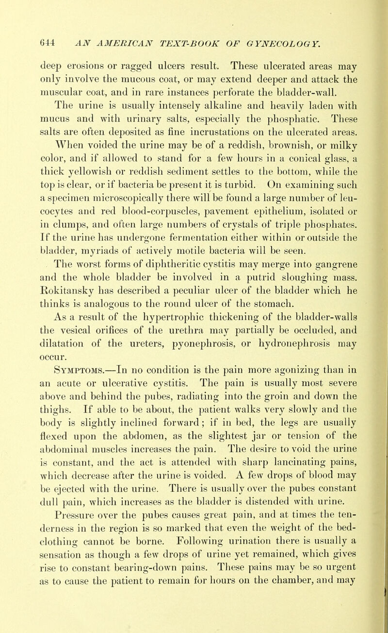 deep erosions or ragged ulcers result. These ulcerated areas may- only involve the mucous coat, or may extend deeper and attack the muscular coat, and in rare instances perforate the bladder-wall. The urine is usually intensely alkaline and heavily laden with mucus and with urinary salts, especially the phosphatic. These salts are often deposited as fine incrustations on the ulcerated areas. When voided the urine may be of a reddish, brownish, or milky color, and if allowed to stand for a few hours in a conical glass, a thick yellowish or reddish sediment settles to the bottom, while the top is clear, or if bacteria be present it is turbid. On examining such a specimen microscopically there will be found a large number of leu- cocytes and red blood-corpuscles, pavement epithelium, isolated or in clumps, and often large numbers of crystals of triple phosphates. If the urine has undergone fermentation either within or outside the bladder, myriads of actively motile bacteria will be seen. The worst forms of diphtheritic cystitis may merge into gangrene and the whole bladder be involved in a putrid sloughing mass. Rokitansky has described a peculiar ulcer of the bladder which he thinks is analogous to the round ulcer of the stomach. As a result of the hypertrophic thickening of the bladder-walls the vesical orifices of the urethra may partially be occluded, and dilatation of the ureters, pyonephrosis, or hydronephrosis may occur. Symptoms.—In no condition is the pain more agonizing than in an acute or ulcerative cystitis. The pain is usually most severe above and behind the pubes, radiating into the groin and down the thighs. If able to be about, the patient walks very slowly and the body is slightly inclined forward; if in bed, the legs are usually flexed upon the abdomen, as the slightest jar or tension of the abdominal muscles increases the pain. The desire to void the urine is constant, and the act is attended with sharp lancinating pains, which decrease after the urine is voided. A few drops of blood may be ejected with the urine. There is usually over the pubes constant dull pain, which increases as the bladder is distended with urine. Pressure over the pubes causes great pain, and at times the ten- derness in the region is so marked that even the weight of the bed- clothing cannot be borne. Following urination there is usually a sensation as though a few drops of urine yet remained, which gives rise to constant bearing-down pains. These pains may be so urgent as to cause the patient to remain for hours on the chamber, and may