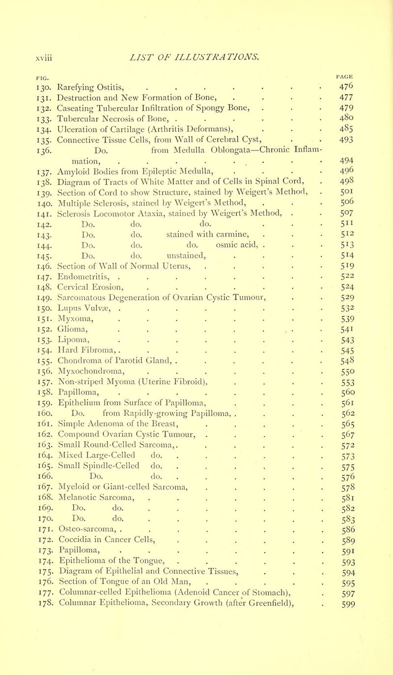 FIG. I'AGE 130. Rarefying Ostitis, ....... 47^ 131. Destruction and New Formation of Bone, .... 477 132. Caseating Tubercular Infiltration of Spongy Bone, . . . 479 133. Tubercular Necrosis of Bone, ...... 480 134. Ulceration of Cartilage (Arthritis Deformans), . . . 485 135. Connective Tissue Cells, from Wall of Cerebral Cyst, . . 493 136. Do. from Medulla Oblongata—Chronic Inflam- mation, . . . . . • • • 494 137. Amyloid Bodies from Epileptic Medulla, .... 49^ 138. Diagram of Tracts of White Matter and of Cells in Spinal Cord, . 498 139. Section of Cord to show Structure, stained by Weigert's Method, . 501 140. Multiple Sclerosis, stained by Weigert's Method, . . . 5°^ 141. Sclerosis Locomotor Ataxia, stained by Weigert's Method, . . 5^7 142. Do. do. do. . . -511 143. Do. do. stained with carmine, . . • 5^^ 144. Do. do. do. osmic acid, . . -513 145. Do. do. unstained, . . . -514 146. Section of Wall of Normal Uterus, . . . . -519 147. Endometritis, ........ 522 148. Cervical Erosion, . . . . . • -524 149. Sarcomatous Degeneration of Ovarian Cystic Tumour, . . 529 150. Lupus Vulvae, ........ 532 151. Myxoma, ........ 539 152. Glioma, . , . . . . . .541 153. Lipoma, ........ 543 154. Hard Fibroma, . ....... 545 155. Chondroma of Parotid Gland, . ..... 548 156. Myxochondroma, . . . . . . -550 157. Non-striped Myoma (Uterine Fibroid), . . . -553 158. Papilloma, ........ 560 159. Epithelium from Surface of Papilloma, .... 561 160. Do. from Rapidly-growing Papilloma, .... 562 161. Simple Adenoma of the Breast, ..... 565 162. Compound Ovarian Cystic Tumour, ..... 567 163. Small Round-Celled Sarcoma,. ..... 572 164. Mixed Large-Celled do. ...... 573 165. Small Spindle-Celled do. ...... 575 166. Do. do. . . . . . . 576 167. Myeloid or Giant-celled Sarcoma, ..... 578 168. Melanotic Sarcoma, . . . . . . .581 169. Do. do. ...... . 582 170. Do. do. ...... . 583 171. Osteo-sarcoma, ........ 586 172. Coccidia in Cancer Cells, ...... 589 173. Papilloma, . . . . . , , -591 174. Epithelioma of the Tongue, ...... 593 175. Diagram of Epithelial and Connective Tissues, . . . 594 176. Section of Tongue of an Old Man, ..... 595 177. Columnar-celled Epithelioma (Adenoid Cancer of Stomach), . 597 178. Columnar Epithelioma, Secondary Growth (after Greenfield), . 599