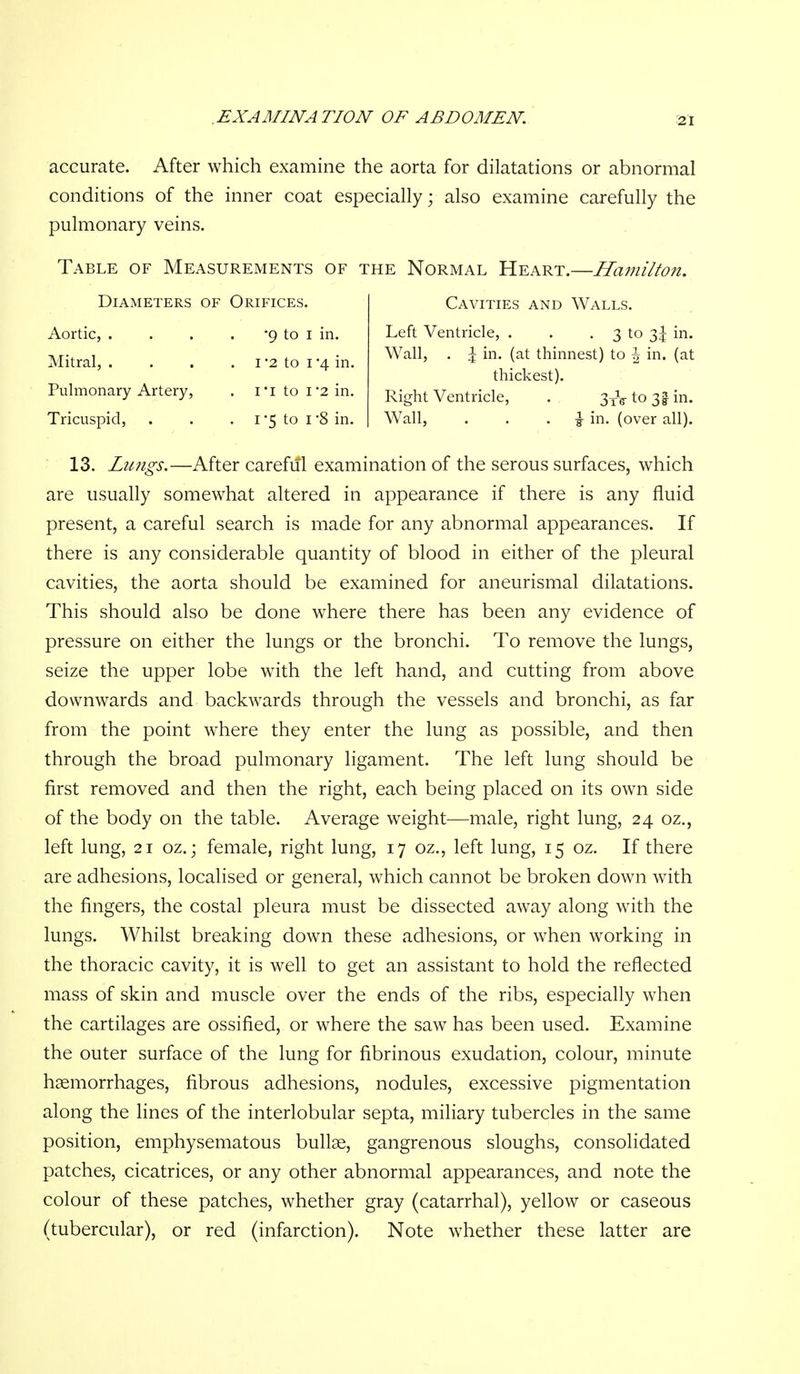 EXAMINATION OF ABDOMEN accurate. After which examine the aorta for dilatations or abnormal conditions of the inner coat especially; also examine carefully the pulmonary veins. Table of Measurements of the Normal Heart.—Ha7nilton. Diameters of Orifices. Aortic, . . . . '9 to I in. Mitral, . . . . i '2 to i '4 in. Pulmonary Artery, . I'l to 1*2 in. Tricuspid, . . . i '5 to i *8 in. Cavities and Walls. Left Ventricle, . . • 3 to in. Wall, , \ in. (at thinnest) to \ in. (at thickest). Right Ventricle, . 3yV to 3I in. W^all, . . . 9- in. (over all). 13. Lungs.—After careful examination of the serous surfaces, which are usually somewhat altered in appearance if there is any fluid present, a careful search is made for any abnormal appearances. If there is any considerable quantity of blood in either of the pleural cavities, the aorta should be examined for aneurismal dilatations. This should also be done where there has been any evidence of pressure on either the lungs or the bronchi. To remove the lungs, seize the upper lobe w^ith the left hand, and cutting from above downwards and backwards through the vessels and bronchi, as far from the point where they enter the lung as possible, and then through the broad pulmonary ligament. The left lung should be first removed and then the right, each being placed on its own side of the body on the table. Average weight—male, right lung, 24 oz., left lung, 21 oz.; female, right lung, 17 oz., left lung, 15 oz. If there are adhesions, localised or general, which cannot be broken down wath the fingers, the costal pleura must be dissected away along with the lungs. Whilst breaking down these adhesions, or w^hen working in the thoracic cavity, it is well to get an assistant to hold the reflected mass of skin and muscle over the ends of the ribs, especially when the cartilages are ossified, or where the saw has been used. Examine the outer surface of the lung for fibrinous exudation, colour, minute haemorrhages, fibrous adhesions, nodules, excessive pigmentation along the lines of the interlobular septa, miliary tubercles in the same position, emphysematous bullae, gangrenous sloughs, consolidated patches, cicatrices, or any other abnormal appearances, and note the colour of these patches, whether gray (catarrhal), yellow or caseous (tubercular), or red (infarction). Note whether these latter are