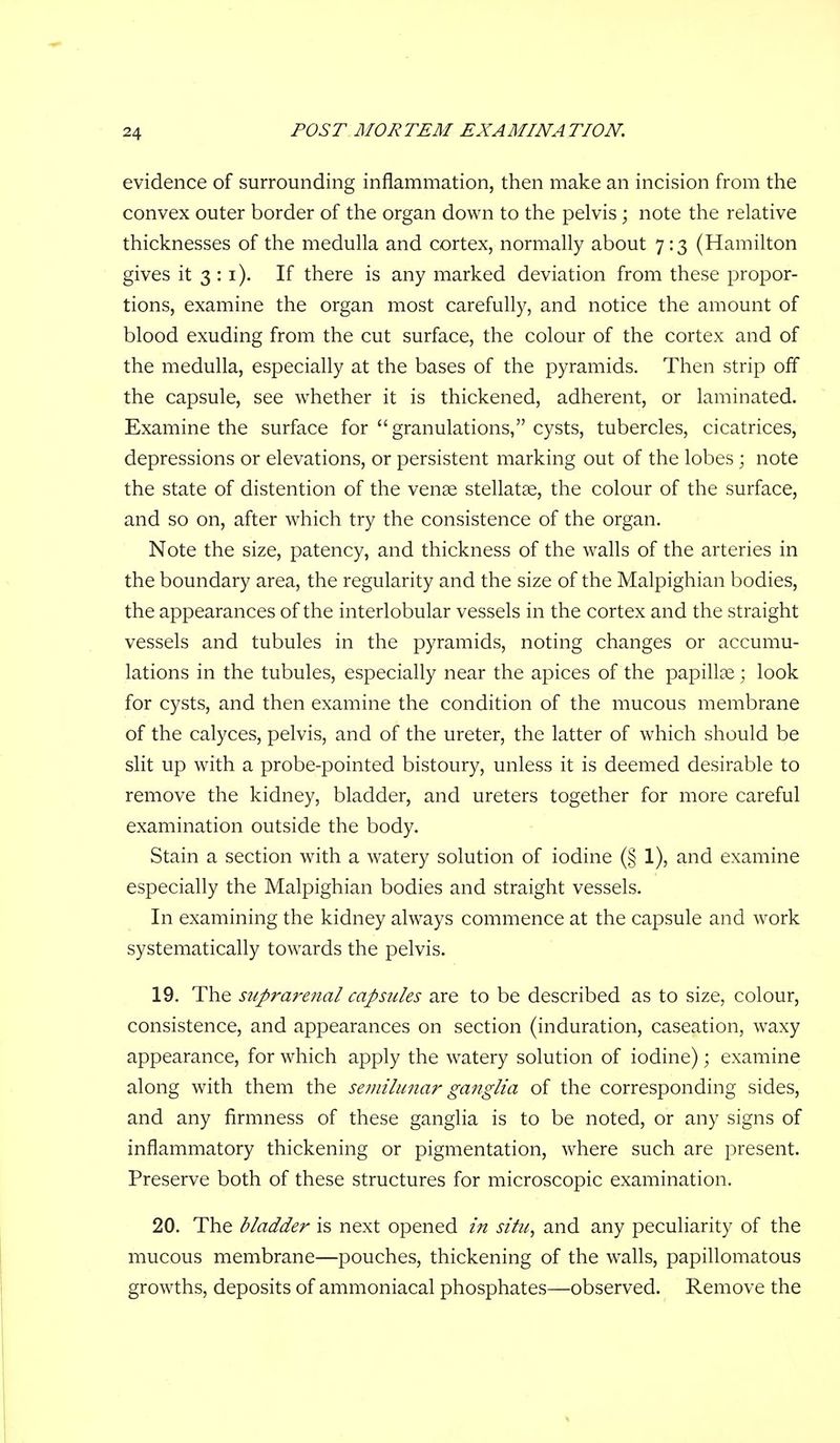 evidence of surrounding inflammation, then make an incision from the convex outer border of the organ down to the pelvis; note the relative thicknesses of the medulla and cortex, normally about 7:3 (Hamilton gives it 3 : i). If there is any marked deviation from these propor- tions, examine the organ most carefully, and notice the amount of blood exuding from the cut surface, the colour of the cortex and of the medulla, especially at the bases of the pyramids. Then strip off the capsule, see whether it is thickened, adherent, or laminated. Examine the surface for granulations, cysts, tubercles, cicatrices, depressions or elevations, or persistent marking out of the lobes ; note the state of distention of the venae stellatse, the colour of the surface, and so on, after which try the consistence of the organ. Note the size, patency, and thickness of the walls of the arteries in the boundary area, the regularity and the size of the Malpighian bodies, the appearances of the interlobular vessels in the cortex and the straight vessels and tubules in the pyramids, noting changes or accumu- lations in the tubules, especially near the apices of the papillae; look for cysts, and then examine the condition of the mucous membrane of the calyces, pelvis, and of the ureter, the latter of which should be slit up with a probe-pointed bistoury, unless it is deemed desirable to remove the kidney, bladder, and ureters together for more careful examination outside the body. Stain a section with a watery solution of iodine (§ 1), and examine especially the Malpighian bodies and straight vessels. In examining the kidney always commence at the capsule and work systematically towards the pelvis. 19. The suprareftal capsules are to be described as to size, colour, consistence, and appearances on section (induration, caseation, waxy appearance, for which apply the watery solution of iodine); examine along with them the semilunar ganglia of the corresponding sides, and any firmness of these ganglia is to be noted, or any signs of inflammatory thickening or pigmentation, where such are present. Preserve both of these structures for microscopic examination. 20. The bladder is next opened in situ, and any peculiarity of the mucous membrane—pouches, thickening of the walls, papillomatous growths, deposits of ammoniacal phosphates—observed. Remove the