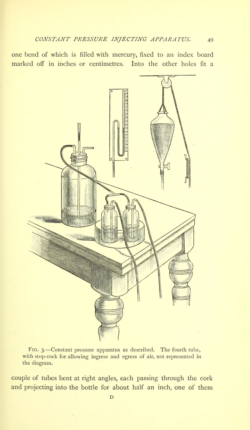 one bend of which is filled with mercury, fixed to an index board marked off in inches or centimetres. Into the other holes fit a Fig. 3.—Constant pressure apparatus as described. The fourth tube, with stop-cock for allowing ingress and egress of air, not represented in the diagram. couple of tubes bent at right angles, each passing through the cork and projecting into the bottle for about half an inch, one of them D