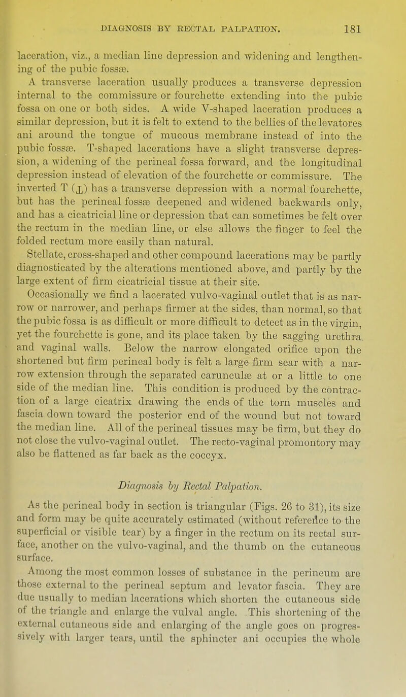 laceration, viz., a median line depression and widening and lengthen- ing of the pubic fossa?. A transverse laceration usually produces a transverse depression internal to the commissure or fourchette extending into the pubic fossa on one or both sides. A wide V-shaped laceration produces a similar depression, but it is felt to extend to the bellies of thelevatores ani around the tongue of mucous membrane instead of into the pubic fossae. T-shaped lacerations have a slight transverse depres- sion, a widening of the perineal fossa forward, and the longitudinal depression instead of elevation of the fourchette or commissure. The inverted T (x) has a transverse depression with a normal fourchette, but has the perineal fosses deepened and widened backwards only, and has a cicatricial line or depression that can sometimes be felt over the rectum in the median line, or else allows the finger to feel the folded rectum more easily than natural. Stellate, cross-shaped and other compound lacerations may be partly diagnosticated by the alterations mentioned above, and partly by the large extent of firm cicatricial tissue at their site. Occasionally Ave find a lacerated vulvo-vaginal outlet that is as nar- row or narrower, and perhaps firmer at the sides, than normal, so that the pubic fossa is as difficult or more difficult to detect as in the virgin, yet the fourchette is gone, and its place taken by the sagging urethra and vaginal walls. Below the narrow elongated orifice upon the shortened but firm perineal body is felt a large firm scar with a nar- row extension through the separated carunculae at or a little to one side of the median line. This condition is produced by the contrac- tion of a large cicatrix drawing the ends of the torn muscles and fascia down toward the posterior end of the wound but not toward the median line. All of the perineal tissues may be firm, but they do not close the vulvo-vaginal outlet. The recto-vaginal promontory may also be flattened as far back as the coccyx. Diagnosis by Rectal Palpation. As the perineal body in section is triangular (Figs. 26 to 31), its size and form may be quite accurately estimated (without reference to the superficial or visible tear) by a finger in the rectum on its rectal sur- face, another on the vulvo-vaginal, and the thumb on the cutaneous surface. Among the most common losses of substance in the perineum are those external to the perineal septum and levator fascia. They are due usually to median lacerations which shorten the cutaneous side Of the triangle and enlarge the vulval angle. This shortening of the externa] cutaneous side and enlarging of the angle goes on progres- sively with larger tears, until the sphincter ani occupies the whole