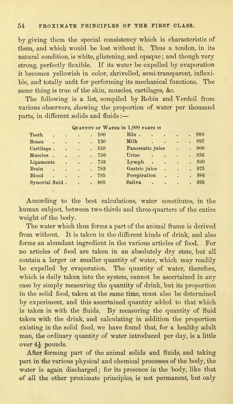 by giving them the special consistency which is characteristic of them, and which would be lost without it. Thus a tendon, in its natural condition, is white, glistening, and opaque; and though very strong, perfectly flexible. If its water be expelled by evaporation it becomes yellowish in color, shrivelled, semi-transparent, inflexi- ble, and totally unfit for performing its mechanical functions. The same thing is true of the skin, muscles, cartilages, &c. The following is a list, compiled by Eobin and Yerdeil from various observers, showing the proportion of water per thousand parts, in different solids and fluids:— Quantity of Water in 1,000 parts in Teeth . 100 Bile . . . . . 880 Bones . 130 Milk . 887 Cartilage . . 550 Pancreatic juice . 900 Muscles . . 750 Urine . 936 Ligaments . 768 Lymph . 960 Brain . 789 Gastric juice . 975 Blood . 795 Perspiration . 986 Synovial fluid . . 805 Saliva . 995 According to the best calculations, water constitutes, in the human subject, between two-thirds and three-quarters of the entire weight of the body. The water which thus forms a part of the animal frame is derived from without. It is taken in the different kinds of drink, and also forms an abundant ingredient in the various articles of food. For no articles of food are taken in an absolutely dry state, but all contain a larger or smaller quantity of water, which may readily be expelled by evaporation. The quantity of water, therefore, which is daily taken into the system, cannot be ascertained in any case by simply measuring the quantity of drink, but its proportion in the solid food, taken at the same time, must also be determined by experiment, and this ascertained quantity added to that which is taken in with the fluids. By measuring the quantity of fluid taken with the drink, and calculating in addition the proportion existing in the solid food, we have found that, for a healthy adult man, the ordinary quantity of water introduced per day, is a little over 4J pounds. After forming part of the animal solids and fluids, and taking part in the various physical and chemical processes of the body, the water is again discharged; for its presence in the body, like that of all the other proximate principles, is not permanent, but only