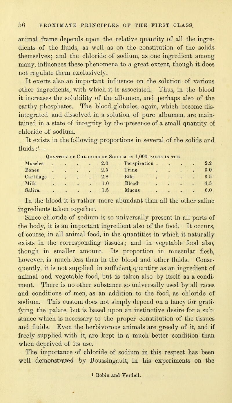 animal frame depends upon the relative quantity of all the ingre- dients of the fluids, as well as on the constitution of the solids themselves; and the chloride of sodium, as one ingredient among many, influences these phenomena to a great extent, though it does not regulate them exclusively. It exerts also an important influence on the solution of various other ingredients, with which it is associated. Thus, in the blood it increases the solubility of the albumen, and perhaps also of the earthy phosphates. The blood-globules, again, which become dis- integrated and dissolved in a solution of pure albumen, are main- tained in a state of integrity by the presence of a small quantity of chloride of sodium. It exists in the following proportions in several of the solids and fluids :'— Quantity of Chloride of Sodium in 1,000 pakts in the Muscles .... 2.0 Perspiration .... 2.2 Bones .... 2.5 Urine .... 3.0 Cartilage .... 2.8 Bile .... 3.5 Milk . . . . 1.0 Blood .... 4.5 Saliva .... 1.5 Mucus .... 6.0 In the blood it is rather more abundant than all the other saline ingredients taken together. Since chloride of sodium is so universally present in all parts of the body, it is an important ingredient also of the food. It occurs, of course, in all animal food, in the quantities in which it naturally exists in the corresponding tissues; and in vegetable food also, though in smaller amount. Its proportion in muscular flesh, however, is much less than in the blood and other fluids. Conse- quently, it is not supplied in suflicient quantity as an ingredient of animal and vegetable food, but is taken also by itself as a condi- ment. There is no other substance so universally used by all races and conditions of men, as an addition to the food, as chloride of sodium. This custom does not simply depend on a fancy for grati- fying the palate, but is based upon an instinctive desire for a sub- stance which is necessary to the proper constitution of the tissues and flaids. Even the herbivorous animals are greedy of it, and if freely supplied with it, are kept in a much better condition than when deprived of its use. The importance of chloride of sodium in this respect has been well demonstrated by Boussingault, in his experiments on the 1 Robin and Verdeil.