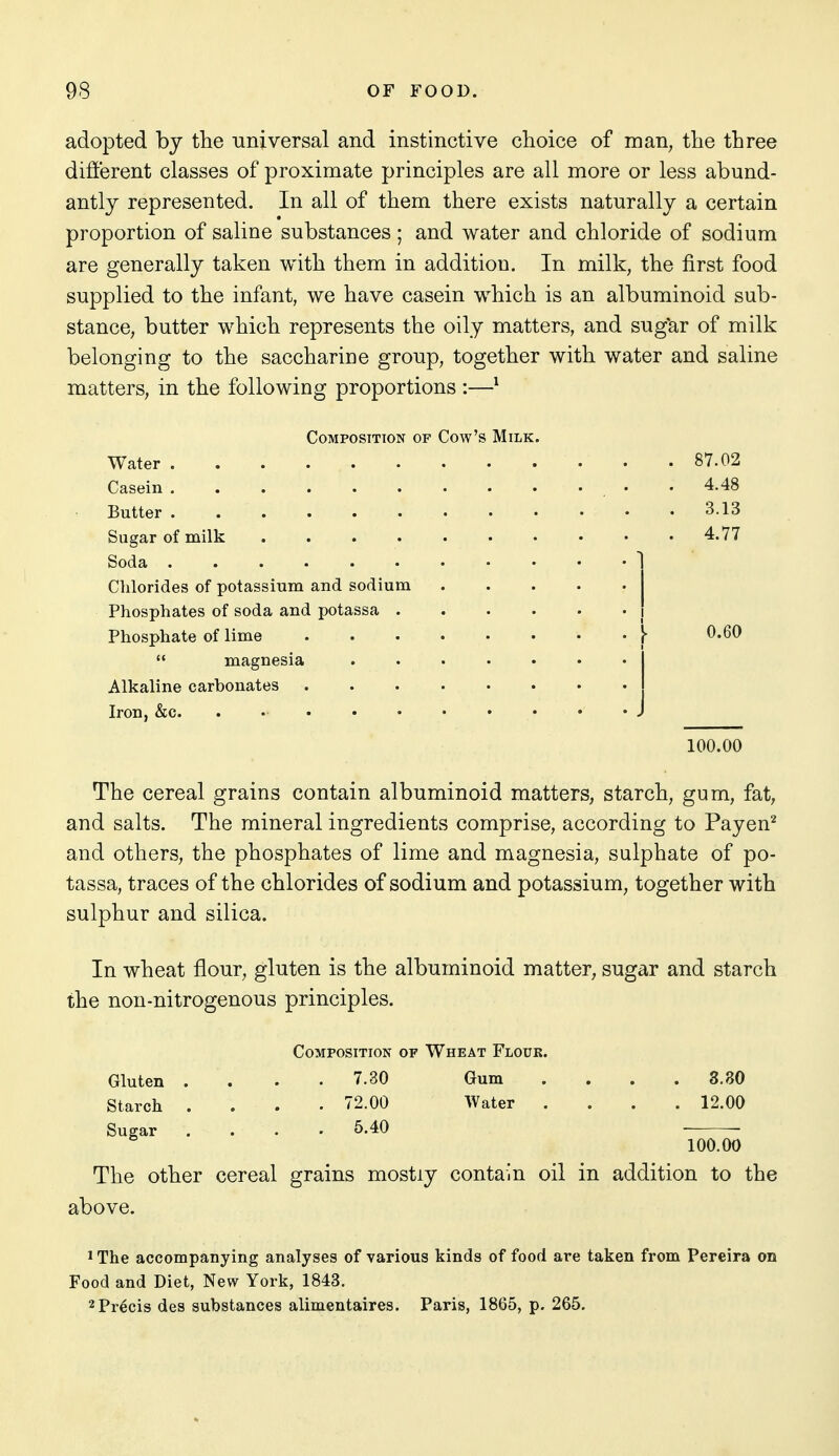 0.60 adopted by the universal and instinctive choice of man, the three different classes of proximate principles are all more or less abund- antly represented. In all of them there exists naturally a certain proportion of saline substances; and water and chloride of sodium are generally taken with them in addition. In milk, the first food supplied to the infant, we have casein which is an albuminoid sub- stance, butter which represents the oily matters, and sug*ar of milk belonging to the saccharine group, together with water and saline matters, in the following proportions :—^ Composition of Cow's Milk. Water 87.02 Casein , . .4.48 Butter 3.13 Sugar of milk 4.77 Soda Chlorides of potassium and sodium .... Phosphates of soda and potassa Phosphate of lime  magnesia Alkaline carbonates Iron, &c. . 100.00 The cereal grains contain albuminoid matters, starch, gum, fat, and salts. The mineral ingredients comprise, according to Payen^ and others, the phosphates of lime and magnesia, sulphate of po- tassa, traces of the chlorides of sodium and potassium, together with sulphur and silica. In wheat flour, gluten is the albuminoid matter, sugar and starch the non-nitrogenous principles. Composition of Wheat Flour. Gluten . . . . 7.30 Gum .... 3.80 Starch .... 72.00 Water .... 12.00 Sugar .... 5.40 ■ 100.00 The other cereal grains mostly contain oil in addition to the above. iThe accompanying analyses of various kinds of food are taken from Pereira on Food and Diet, New York, 1843. 2 Precis des substances alimentaires. Paris, 1865, p. 265.