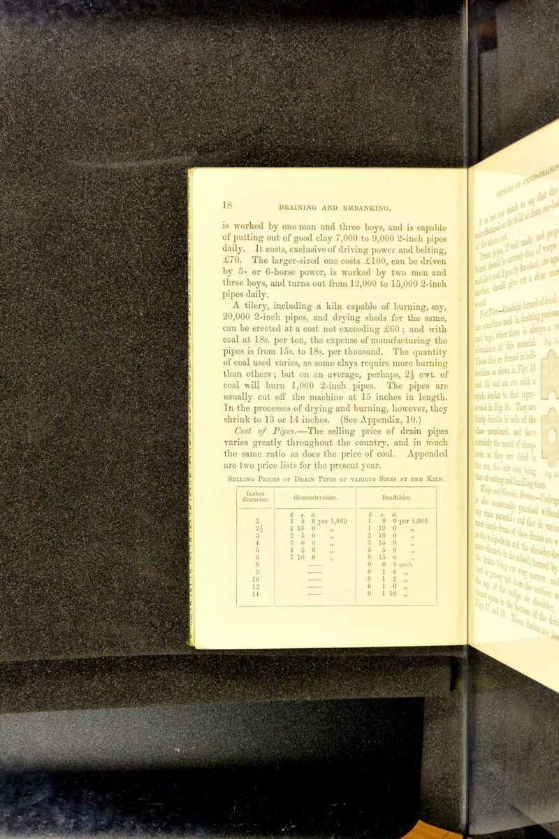 is worked by one man and three boys, and is capable of putting out of good clay 7,000 to 9,000 2-inch pipes daily. It costs, exclusive of driving power and belting, £70. The larger-sized one costs £100, can be driven by 5- or 6-horse power, is worked by two men and three boys, and turns out from 12,000 to 15,000 2-inch pipes daily. A tilery, including a kiln capable of burning, say, 20,000 2-inch pipes, and drying sheds for the same, can be erected at a cost not exceeding £60 ; and with coal at 18-s. per ton, the expense of manufacturing the pipes is from 15s. to 18s. per thousand. The quantity of coal used varies, as some clays require more burning than others ; but on an average, perhaps, 2J cwt. of coal will burn 1,000 2-inch pipes. The pipes are usually cut off the machine at 15 inches in length. In the processes of drying and burning, however, they shrink to 13 or 14 inches. (See Appendix, 10.) Cost of Pipes.—Tbe selling price of drain pipes varies greatly throughout the country, and in much the same ratio as does the price of coal. Appended are two price lists for the present year. Selling Prices of Drain Pipes of various Sizes at the Kiln. Inches diameter. Gloucestershire. Banffshire. £ S. (1. £ s. d. 2 1 5 0 per 1,000 1 9 0 per 1,000 H 1 15 0 „ 1 19 0 „ 3 2 5 0 2 10 0 „ 4 3 0 o 3 15 0 „ 5 4 5 0 5 5 0 6 7 10 o S 15 0 „ 8 0 0 9 each 9 0 1 0 „ 10 0 1 2 „ 12 0 1 6 „ 14 0 1 10 „