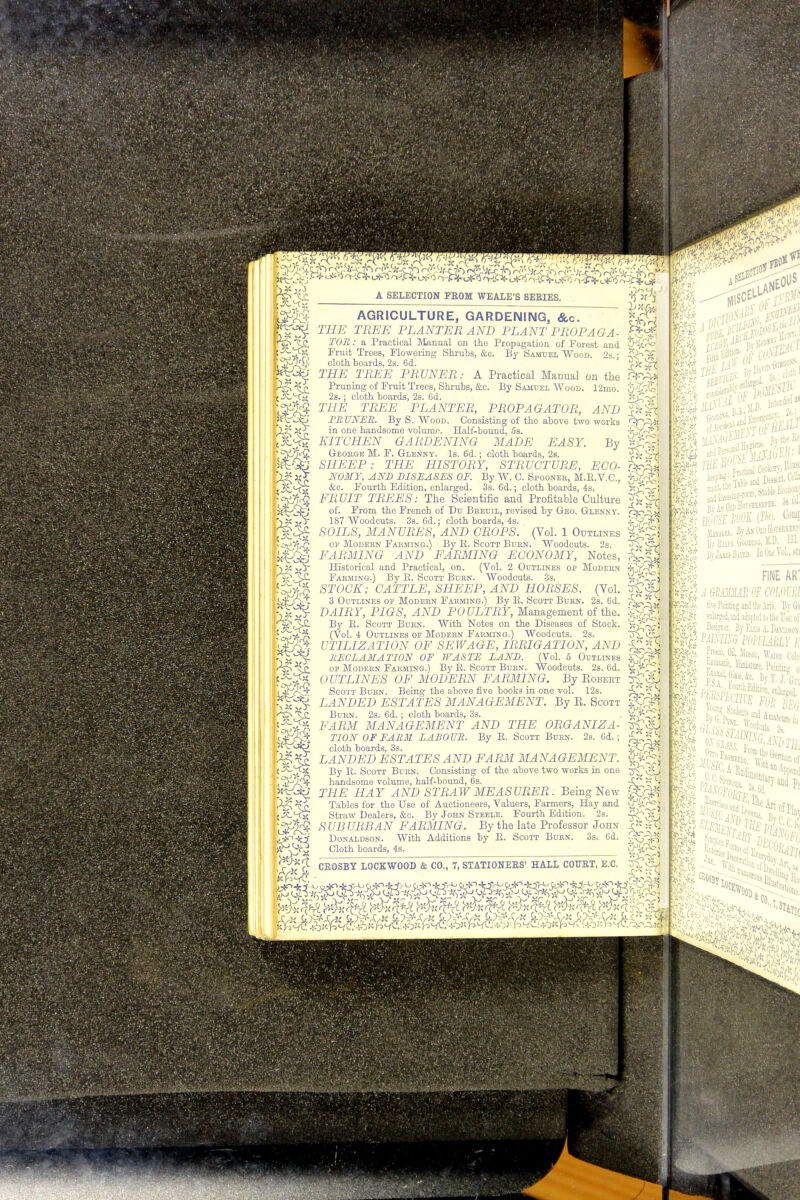 r 6~. .Sip list PI m 8§ teas A SELECTION FROM WEALE'S SERIES. AGRICULTURE, GARDENING, &c. THE TREE PLANTER AND PLANT PROPAGA- TOR : a Practical Manual on Iho Propagation of Forest and Fruit Trees, Flowering Shrubs, &c. By Samuel Wood. 2s. ; cloth boards, 2s. 6d. THE TREE PRUNER: A Practical Manual on the Pruning of Fruit Trees, Shrubs, &c. By Samuel Wood. 12mo. 2s.; cloth boards, 2s. 6d. THE TREE PLANTER, PROPAGATOR, AND RRUNER. By S. Wood. Consisting of the above two works in one handsome volume. Half-bound, 5b. KITCHEN GARDENING MADE EASY. By George M. F. Glenny. Is. 6d.; cloth boards, 2s. SHEEP: THE HISTORY, STRUCTURE, ECO- NOMY, AND DISEASES OF. By W. C. Spooner, M.E.V.C., &c. Fourth Edition, enlarged. 3s. 6d.; cloth boards, 4s. FRUIT TREES: The Scientific and Profitable Culture of. From the French of Du Breuil, revised by Geo. Glenny. 187 Woodcuts. 3s. 6d.; cloth boards, 4s. SOILS, MANURES, AND CROPS. (Vol. 1 Outlines of Modern Farming.) By E. Scott Burn. Woodcuts. 2s. FARMING AND FARMING ECONOMY, Notes, Historical and Practical, on. (Vol. 2 Outlines op Modern- Farming.) By E. Scott Burn. Woodcuts. 3s. STOCK; CATTLE, SHEEP, AND HORSES. (Vol. 3 Outlines of Modern Farming.) By E. Scott Burn. 2s. 6d. DAIRY, PIGS, AND POULTRY, Management of the. By E. Scott Burn. With Notes on the Diseases of Stock. (Vol. 4 Outlines of Modern Farming.) Woodcuts. 2s. UTILIZATION OF SEWAGE, IRRIGATION, AND RECLAMATION OF WASTE LAND. (Vol. 5 Outlines op Modern Farming.) By E. Scott Burn. Woodcuts. 2s. 6d. OUTLINES OF MODERN FARMING. By Robert Scott Burn. Being the above five books in one vol. 12s. LANDED ESTATES MANAGEMENT. By R. Scott Burn. 2s. 6d. ; cloth boards, 3s. FARM MANAGEMENT AND THE ORGANIZA- TION OF FARM LABOUR. By E. Scott Burn. 2s. 6d.; cloth boards, 3s. LANDED ESTATES AND FARM MANAGEMENT. By E. Scott Burn. Consisting of the above two works in one handsome volume, half-bound, 6s. THE HAY AND STRAW MEASURER. Being New Tables for the Use of Auctioneers, Valuers, Farmers, Hay and Straw Dealers, &c. By John Steele. Fourth Edition. 2s. S UB URBAN FARMING. By tbe late Professor John Donaldson. With Additions by E. Scott Burn. 3s. 6d. Cloth boards, 4s. CROSBY LOCKWOOD & CO., 7, STATIONERS' HALL COURT, E.C. kwPlSi Dessert, Cdb I f£& W ByAKOaHoWBEm liv KiiPH Gooding, M- W Mfit livJaaBiBD. In0aeVol.,8ti Mm ; 531 i - ..I.,