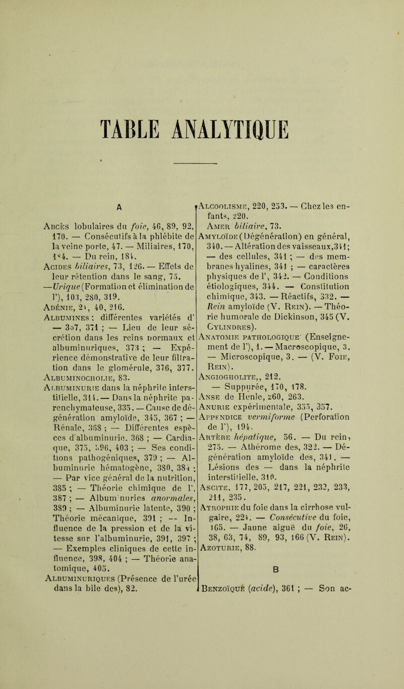TABLE ANALYTIQUE A Abcès lobulaires du foie, 4G, 89, 92, 170. — Consécutifs à la phlébite de la veine porte, 47. — Miliaires, 170, ly4. — Du rein, 1S4. Acides biliaires, 73, 126.— Effets de leur rétention dans le sang-, 75. —Urique (Formation et élimination de ]’), 103, 280, 319. Adénie, , 40, 216. Albumines ; différentes variétés d’ — 3o7, 371 ; — Lieu de leur sé- crétion dans les reins normaux et albuminuriques, 373 ; — Expé- rience démonstrative de leur filtra- tion dans le glomérule, 376, 377. Albuminocholie, 83. Albuminurie dans la néphrite inters- titielle, 314.— Dans la néphrite pa- renchymateuse, 333. — Cause de dé- génération amyloïde, 345, 367 ; — Rénale, 368 ; — Différentes espè- ces d'albuminurie. 368 ; — Cardia- que, 375, 396, 403 ; — Ses condi- tions pathogéniques, 379 ; — Al- buminurie hématogène, 380, 384 ; — Par vice général de la nutrition, 385 ; — Théorie chimique de T, 387 ; — Albunrnurics anormales, 389 ; — Albuminurie latente, 390 ; Théorie mécanique, 391 ; — In- fluence de la pression et de la vi- tesse sur l’albuminurie, 391, 397 ; — Exemples cliniques de cette in- fluence, 398, 404 ; — Théorie ana- tomique, 405. Albuminuriques (Présence de l’urée dans la bile des), 82. 'Alcoolisme, 220, 253— Chez les en- fants, 220. Amer biliaire, 73. Amyloïde (Dégénération) en général, 340. — Altération des vaisseaux,3il; — des cellules, 341 ; — des mem- branes hyalines, 34J ; — caractères physiques del’, 342. — Conditions étiologiques, 344. — Constitution chimique, 343. —Réactifs, 332. — Rein amyloïde (V. Rein). —Théo- rie humorale de Dickinson, 345 (Y. Cylindres). Anatomie pathologique' (Enseigne- ment del’), 1. — Macroscopique, 3. — Microscopique, 3. — (Y. Foie, Rein). Angiogholite,, 212. — Suppurée, 170, 178. Anse de Henle, 260, 263. Anurie expérimentale, 353, 357. Appendice vermiforme (Perforation de 1’), 194. Artère hépatique, 56. — Du rein, 275. — Athérome des, 322. — Dé- généralion amyloïde des, 341. — Lésions des — dans la néphrite interstitielle, 310. Ascite, 177,205, 217, 221, 232, 233, 211, 235. Atrophie du foie dans la cirrhose vul- gaire, 224. — Consécutive du foie, 165. — Jaune aiguë du foie, 26, 38, 63, 74, 89, 93, 166 (V. Rein). Azoturie, 88. B Benzoïquè [acide), 361 ; — Son ac-