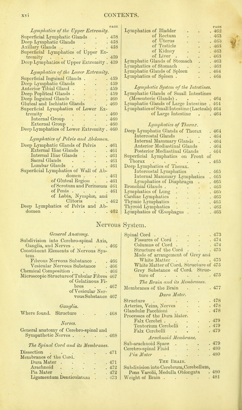 Lymphatics of the Upper Extremity. Superficial Lymphatic Glands . . 458 Deep Lymphatic Glands . . . 458 Axillary Glands 458 Superficial Lymphatics of Upper Ex- tremity 459 Deep Lymphatics of Upper Extremity . 459 Lymphatics of the Lovjer Extremity. Superficial Inguinal Glands . . 459 Deep Lymphatic Glands . 459 Anterior Tibial Gland . . 459 Deep Popliteal Glands . . 459 Deep Inguinal Glands . . 460 Gluteal and Ischiatic Glands . 460 Superficial Lymphatics of Lower Ex- , 460 Internal Group . 460 External Group . 460 Deep Lymphatics of Lower Extremity . 460 Lymphatics of Pelvis and Abdomen. Deep Lymphatic Glands of Pelvis External Iliac Glands . Internal Iliac Glands Sacral Glands .... Lumbar Glands Superficial Lymphatics of Wall of Ab- domen . of Gluteal Region . of Scrotum and Perinseurn of Penis .... of Labia, Nymphse, and Clitoris Deep Lymphatics of Pelvis and Ab- domen 461 461 461 461 461 461 461 461 461 . 462 462 Lymphatics of Bladder of Rectum of Uterus of Testicle of Kidney of Liver . Lymphatic Glands of Stomach Lymphatics of Stomach Lymphatic Glands of Spleen Lymphatics of Spleen . PAGE . 462 . 463 . 463 . 463 . 463 . 463 . 463 . 463 . 464 . 464 Lymphatic System of the Intestines. Lymphatic Glands of Small Intestines (Mesenteric Glands) «... 464 Lymphatic Glands of Large Intestine . 464 Lymphatics of Small Intestine (Lacteals) 464 of Large Intestine . . 464 Lymphatics of Thorax. Deep Lymphatic Glands of Thorax Intercostal Glands Internal Mammary Glands . Anterior Mediastinal Glands Posterior Mediastinal Glands Superficial Lymphatics on Front Thorax . Deep Lymphatics of Thorax. Intercostal Lymphatics Internal Mammary Lymphatics Lymphatics of Diaphragm . Bronchial Glands . Lymphatics of Lung . Cardiac Lymphatics Thymic Lymphatics Thyroid Lymphatics Lymphatics of (Esophagus of 464 464 464 464 464 465 465 465 465 465 465 465 465 465 465 Nervous General Anatomy. Subdivision into Cerebro-spinal Axis, Ganglia, and Nerves . . . .466 Constituent Elements of Nervous Sys- tem. Fibrous Nervous Substance . . 466 Vesicular Nervous Substance . 466 Chemical Composition .... 466 Microscopic Structure of Tubular Fibres 467 of Gelatinous Fi- bres . .467 of Vesicular Ner- vous Substance 467 Ganglia. Where found. Structure . . . 468 Nerves. General anatomy of Cerebro-spinal and Sympathetic Nerves .... 468 The Spinal Cord and its Membranes. Dissection 471 Membranes of the Cord. Dura Mater 471 Arachnoid 472 Pia Mater 472 Ligamentum Denticulatum . . 473 System. Spinal Cord 473 Fissures of Cord .... 474 Columns of Cord .... 474 Structure of the Cord . . .475 Mode of arrangement of Grey and White Matter . . . .475 White Matter of Cord. Structure of 475 Grey Substance of Cord. Struc- ture of 475 The Brain and its Membranes. Membranes of the Brain . . . 477 Dura Mater. Structure 478 Arteries, Veins, Nerves . . . 478 Glandulse Pacchioni .... 478 Processes of the Dura Mater. Falx Cerebri 479 Tentorium Cerebelli . . . 479 Falx Cerebelli . . . .479 Arachnoid Membrane. Sub-arachnoid Space . . . .479 Cerebro-spinal Fluid .... 480 Pia Mater 480 The Brain. Subdivision into Cerebrum, Cerebellum, Pons Varolii, Medulla Oblongata . 480 Weight of Brain . , . . .481