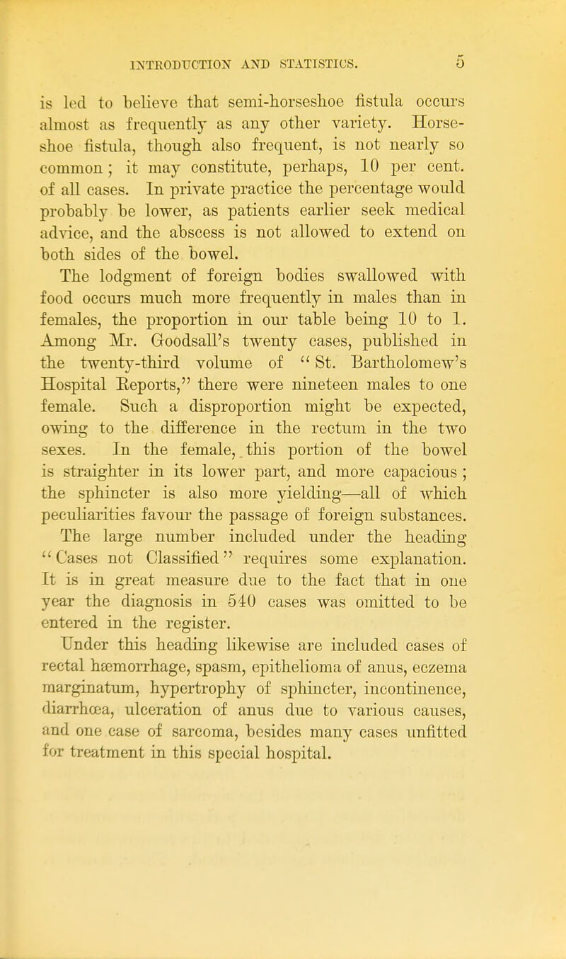 is loci to believe that semi-horseslioe fistula occurs almost as frequently as any other variety. Horse- shoe fistula, though also frequent, is not nearly so common; it may constitute, perhaps, 10 per cent, of all cases. In private practice the percentage would probably be lower, as patients earlier seek medical ad-\dce, and the abscess is not allowed to extend on both sides of the bowel. The lodgment of foreign bodies swallowed with food occurs much more frequently in males than in females, the proportion in our table being 10 to 1. Among Mr. Goodsall's twenty cases, published in the twenty-third volume of  St. Bartholomew's Hospital Eeports, there were nineteen males to one female. Such a disproportion might be expected, owing to the difference in the rectum in the two sexes. In the female, this portion of the bowel is straighter in its lower part, and more capacious ; the sphincter is also more yielding—all of which peculiarities favour- the passage of foreign substances. The large number included under the heading Cases not Classified requires some explanation. It is in great measure due to the fact that in one year the diagnosis in 540 cases was omitted to be entered in the register. Under this heading likewise are included cases of rectal heemorrhage, spasm, epithelioma of anus, eczema marginatum, hypertrophy of sphincter, incontinence, diarrhoea, ulceration of anus due to various causes, and one case of sarcoma, besides many cases unfitted for treatment in this special hospital.