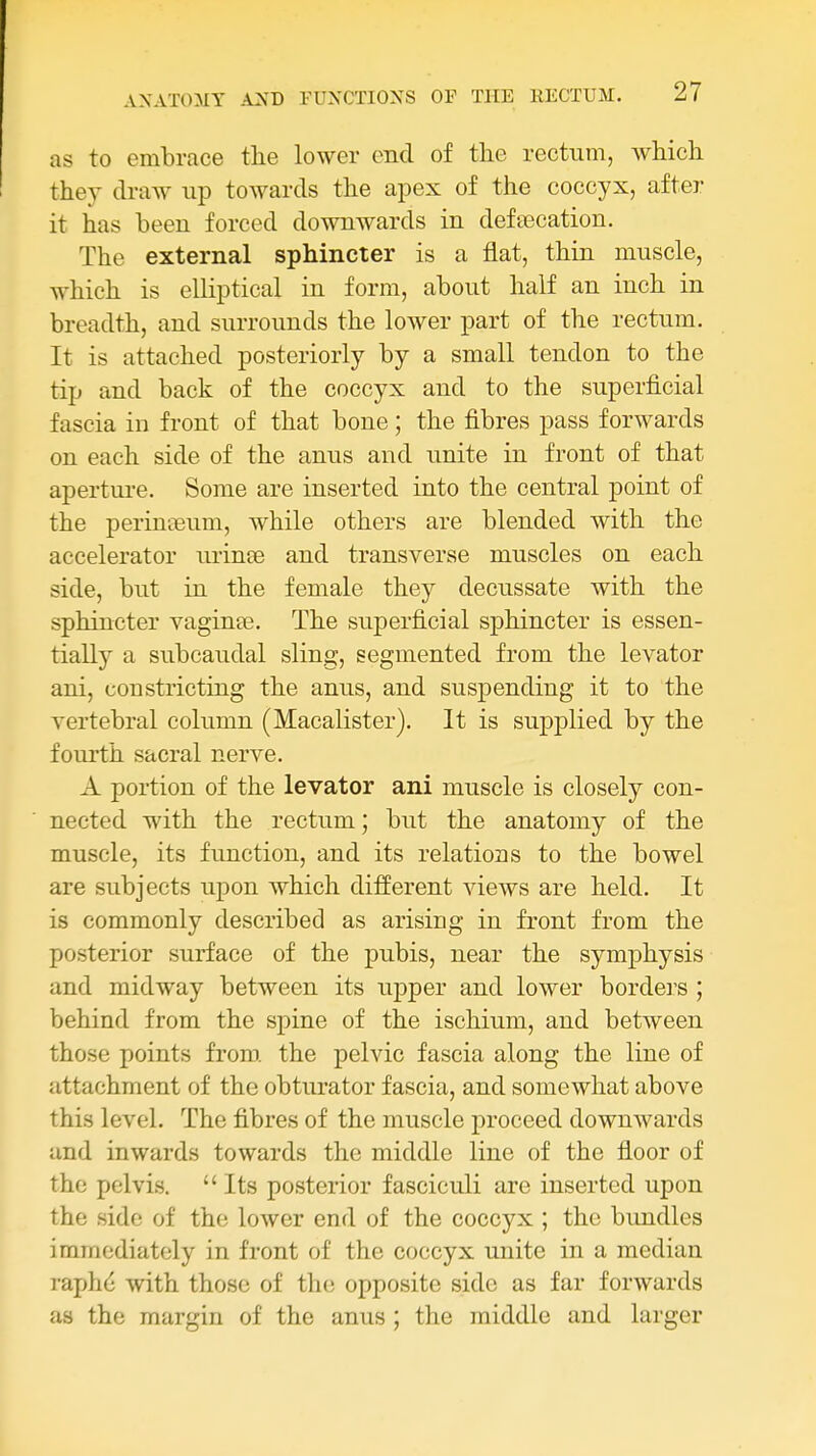 as to embrace the lower end of tlie rectum, whicli they draw up towards the apex of the coccyx, after it has been forced downwards in defaecation. The external sphincter is a fiat, thin muscle, which is elliptical in form, about half an inch in breadth, and surrounds the lower part of the rectum. It is attached posteriorly by a small tendon to the tip and back of the coccyx and to the superficial fascia in front of that bone; the fibres pass forwards on each side of the anus and unite in front of that apertm-e. Some are inserted into the central point of the perinseum, while others are blended with the accelerator urinse and transverse muscles on each side, but in the female they decussate with the sphincter vagina. The superficial sphincter is essen- tially a subcaudal sling, segmented from the levator ani, constricting the anus, and suspending it to the vertebral column (Macalister). It is supplied by the fourth sacral nerve. A portion of the levator ani muscle is closely con- nected with the rectum; but the anatomy of the muscle, its function, and its relations to the bowel are subjects upon which different views are held. It is commonly described as arising in front from the posterior surface of the pubis, near the symphysis and midway between its upper and lower bordei's ; behind from the spine of the ischium, and between those points from, the pelvic fascia along the line of attachment of the obturator fascia, and somewhat above this level. The fibres of the muscle proceed downwards and inwards towards the middle line of the floor of the pelvis.  Its posterior fasciculi are inserted upon the side of the lower end of the coccyx ; the bundles immediately in front of the coccyx unite in a median raphd with those of the opposite side as far forwards as the margin of the anus ; the middle and larger