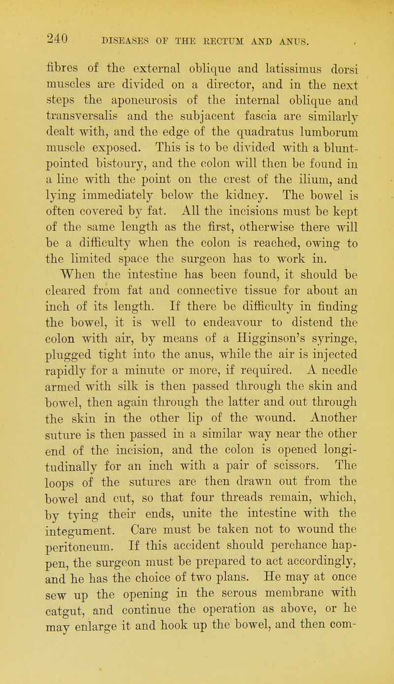 fibres of the external oblique and latissimus dorsi muscles are divided on a director, and in tbe next steps the aponeurosis of the internal oblique and transversalis and the subjacent fascia are similarly- dealt with, and the edge of the quadratus lumborum muscle exposed. This is to be divided with a blunt- pointed bistoury, and the colon will then be found in a line with the point on the crest of the ilium, and lying immediately below the kidney. The bowel is often covered by fat. All the incisions must be kejDt of the same length as the first, otherwise there will be a difiiculty when the colon is reached, owing to the limited space the surgeon has to work in. When, the intestine has been found, it should be cleared from fat and connective tissue for about an inch of its length. If there be difiiculty in finding the bowel, it is well to endeavour to distend the colon with air, by means of a Higginson's syringe, plugged tight into the anus, while the air is injected rapidly for a minute or more, if required. A needle armed with silk is then passed through the skin and bowel, then again through the latter and out through the skin in the other lip of the wound. Another suture is then passed in a similar way near the other end of the incision, and the colon is opened longi- tudinally for an inch with a pair of scissors. The loops of the sutures are then drawn out from the bowel and cut, so that four threads remain, which, by tying their ends, unite the intestine with the integument. Care must be taken not to wound the peritoneum. If this accident should perchance hap- pen, the surgeon must be prepared to act accordingly, and he has the choice of two plans. He may at once sew up the opening in the serous membrane with catgut, and continue the operation as above, or he may enlarge it and hook up the bowel, and then com-