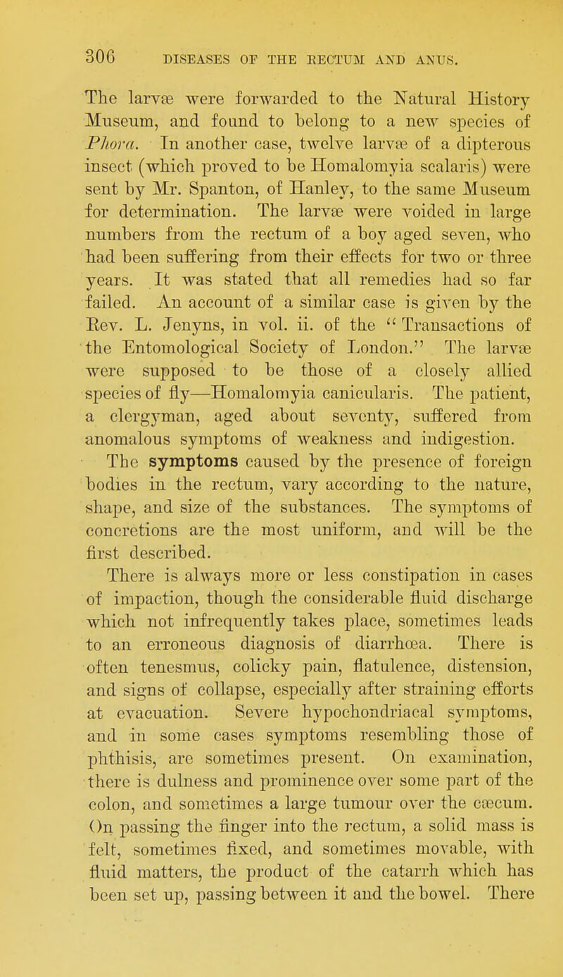 The larvte were forwarded to the ^^atural History Museum, and found to belong to a new species of Phora. In another case, twelve larvfB of a dipterous insect (which proved to be Homalomyia scalaris) were sent by Mr. Spanton, of Hanley, to the same Museum for determination. The larvse were voided in large numbers from the rectum of a boj^ aged seven, who had been suffering from their effects for two or three years. It was stated that all remedies had so far failed. An account of a similar case is given by the Eev. L. Jenyns, in vol. ii. of the  Transactions of the Entomological Society of London. The larvae were supposed to be those of a closely allied species of fly—Homalomyia canicularis. The patient, a clergyman, aged about seventy, suffered from anomalous symptoms of weakness and indigestion. The symptoms caused by the presence of foreign bodies in the rectum, vary according to the nature, shape, and size of the substances. The symptoms of concretions are the most uniform, and will be the first described. There is always more or less constipation in cases of impaction, though the considerable fluid discharge which not infrequently takes place, sometimes leads to an erroneous diagnosis of diarrhoea. There is often tenesmus, colicky pain, flatulence, distension, and signs of collapse, especially after straining efforts at evacuation. Severe hypochondriacal symptoms, and in some cases symptoms resembling those of phthisis, are sometimes present. On examination, • there is dulness and prominence over some part of the colon, and som.etimes a large tumour over the coDCum. On passing the finger into the rectum, a solid mass is felt, sometimes fixed, and sometimes movable, with fluid matters, the product of the catarrh which has been set up, passing between it and the bowel. There