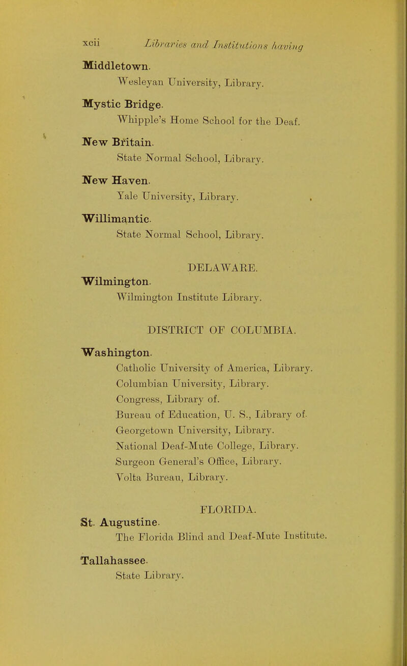 Middletown. Wesleyan University, Library. Mystic Bridge. Whipple's Home School for the Deaf. New Britain. State Normal School, Library. New Haven. Yale University, Library. Willimantic. State Normal School, Library. DELAWARE. Wilmington. Wilmington Institute Library. DISTRICT OF COLUMBIA. Washington. Catholic University of America, Library. Columbian University, Library. Congress, Library of. Bureau of Education, U. S., Ijibraiy of- GeorgetoAvn University, Library. National Deaf-Mute College, Library. Surgeon General's Office, Library. Volta Bureau, Library. FLORIDA. St. Augustine. The Florida Blind and Deaf-Mute Institute. Tallahassee. State Library.