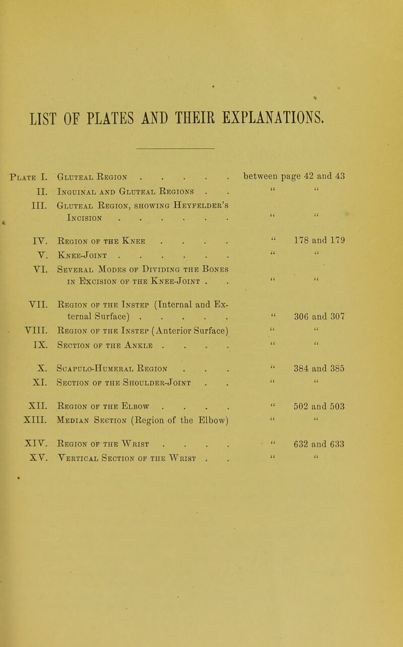 LIST OF PLATES AND THEIR EXPLANATIONS. Plate I. Gluteal Region between page 42 and 43 II. Inguinal and Gluteal Regions . .   III. Gluteal Region, showing Heyfelder's Incision   lY. Region of THE Knee ....  178 and 179 V. Knee-Joint   VI. Several Modes of Dividing the Bones in Excision of the Knee-Joint . .   VII. Region of the Instep (Internal and Ex- ternal Surface)  306 and 307 VIII. Region of THE Instep (Anterior Surface)   IX. Section of the Ankle ....   X. ScAPULO-HuMERAL Region ...  384 and 385 XI. Section of the Shoulder-Joint . .   XII. Region of the Elbow ....  502 and 503 XIII. Median Section (Region of the Elbow)   XIV. Region of the Wrist ....  632 and 633 XV. Vertical Section of the Wrist . .  