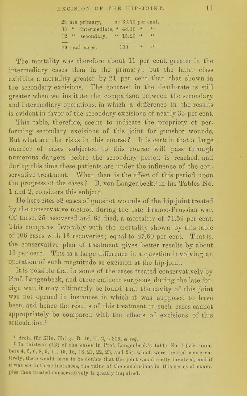 29 are primary, or 36.70 per cent. 38  intermediate,  48.10   12  secondary,  15.20   79 total cases, 100   The mortality was therefore about 11 per cent, greater in the intermediary cases than in the primary; but the latter class exhibits a mortality greater by 21 per cent, than that shown in the secondary excisions. The contrast in the death-rate is still greater when we institute the comparison between the secondary and intermediary operations, in which a difference in the I'esults is evident in favor of the secondary excisions of nearly 33 per cent. This table, therefore, seems to indicate the propriety of per- forming secondary excisions of this joint for gunshot wounds. But what are the risks in this course ? It is certain that a large number of cases subjected to this course will pass through numerous dangers before the secondary period is reached, and during this time these patients are under the influence of the con- servative treatment. AVhat then is the effect of this period upon the progress of the cases ? B. von Langenbeck,^ in his Tables No. 1 and 2, considers this subject. He here cites 88 cases of gunshot wounds of the hip-joint treated by the conservative method during the late Franco-Prussian war. Of these, 25 recovered and 63 died, a mortality of 71.59 per cent. This compares favorably with the mortality shown by this table of 106 cases with 13 recoveries; equal to 87.60 per cent. That is, the conservative plan of treatment gives better results by about 16 per cent. This is a large difference in a question involving an operation of such magnitude as excision at the hip-joint. It is possible that in some of the cases treated conservatively by Prof Langenbeck, and other eminent surgeons, during the late for- eign war, it may ultimately be found that the cavity of this joint was not opened in instances in which it was supposed to have been, and hence the results of this treatment in such cases cannot appropriately be compared with the effects of excisions of this articulation,^ ' Arch, fur Klin, Cliirg., B. 16, H, 2, § 309, et seq. 2 In thirteen (13) of tlie cases in Prof. Langenbeck's table No. 1 (viz. num- bers 4, 5, 6, 8, 9, 11, 15, 16, 18, 21, 22, 23, and 25), which were treated conserva- tively, there would sei-m to be doubts that the joint was directly involved, and if !< was not in these instances, the value of the <;onc]usious in this series of exam- ples thus treated conservatively is greatly impaired.