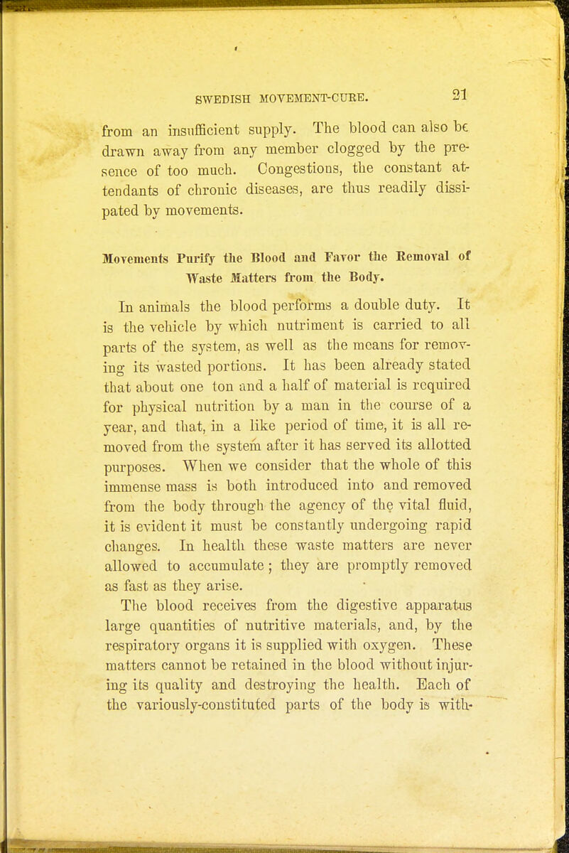 < SWEDISH MOVEMENT-CUEE. 21 from an insufficient supply. The blood can also be drawn away from any member clogged by the pre- sence of too much. Congestions, the constant at- tendants of chronic diseases, are thus readily dissi- pated by movements. Moyements Purify tlie Blood and Favor the Kemoval of Waste Matters from tlie Body. In animals the blood performs a double duty. It is the vehicle by which nutriment is carried to all parts of the system, as well as the means for remov- ing its wasted portions. It has been already stated that about one ton and a half of material is required for physical nutrition by a man in the coiu-se of a year, and that, in a like period of tim&, it is all re- moved from the system after it has served its allotted purposes. When we consider that the whole of this immense mass is both introduced into and removed from the body through the agency of the vital fluid, it is evident it must be constantly undergoing rapid changes. In health these waste matters are never allowed to accumulate ; they are promptly removed as fast as they arise. The blood receives from the digestive apparatus large quantities of nutritive materials, and, by the respiratory organs it is supplied with oxygen. These matters cannot be retained in the blood without injur- ing its quality and destroying the health. Each of the variously-constituted parts of the body is with-