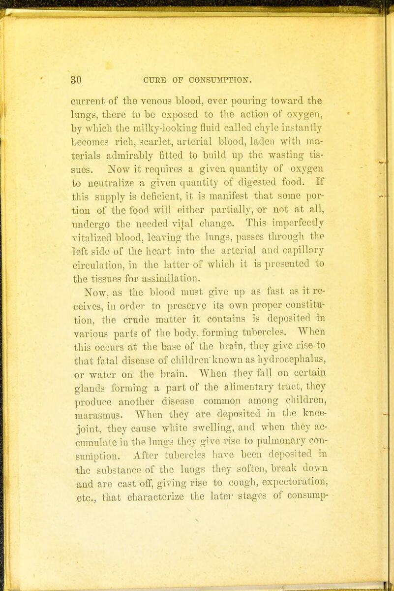 current of the venous blood, ever pouring toward the lungs, there to be exposed to the action of oxygen, by which the milky-looking fluid called chyle instantly becomes rich, scarlet, arterial blood, laden with ma- terials admirably fitted to build up the wasting tis- sues. Now it requires a given quantity of oxygen to neutralize a given quantity of digested food. If this supply is deficient, it is manifest that some por- tion of the food will either partially, or not at all, undergo the needed vital change. This imperfectly vitalized blood, leaving the lungs, passes through the left side of the heart into the arterial and capillary circulation, in the latter of which it is presented to the tissues for assimilalioii. Now, as the blood must give up as fast as it re- ceives, in order to preserve its own proper constitu- tion, the crude matter it contains is deposited in various parts of the body, forming tubercles. When this occurs at the base of the brain, they give rise to that fatal disease of childrenknown as hydrocephalus, or water on the brain. When they fall on certain glands forming a part of the alimentary tract, they produce another disease common among children, marasmus. When they are deposited in the knee- joint, they cause white swelling, and when they ac- cumulate in the lungs thoy give rise to pulmonary con- sumption. After tubercles have been deposited in the substance of the lungs they soften, break down and are cast off, giving rise to cough, expectoration, etc., that characterize the latei' stages of consump-