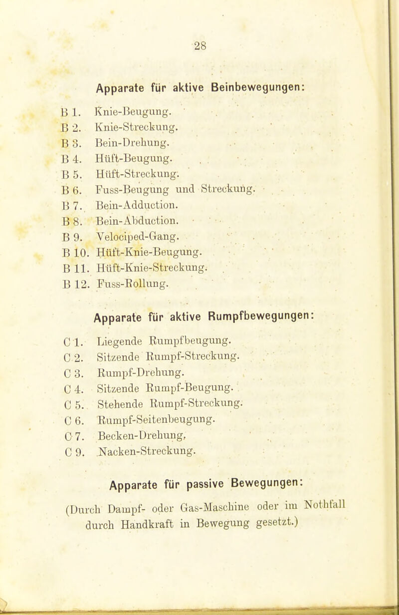 Apparate für aktive Beinbewegungen: B 1. Knie-Beugung. B 2. Knie-Streckung. B 3. Bein-Drehung. B 4. Hüft-Beugung. B 5. Hüft-Streckung. B 6. Fuss-Beugung und Streckung. . . B 7. Bein-Adduction. BS. Bein-Äbduction. B 9. Velociped-Gang. B 10. Hüft-Knie-Beugung. B 11. Hüft-Knie-Streckung. B 12. Puss-Eollung. Apparate für aktive Rumpfbewegungen: C 1. Liegende Rumpfbeugung. 0 2. Sitzende Rumpf-Streckung. C 3. Rumpf-Drehung. C4. Sitzende Rumpf-Beugung. C 5. Stehende Rumpf-Streckung. 0 6. Rumpf-Seitenbeugung. 0 7. Becken-Drehung, 0 9. Nacken-Streckung. Apparate für passive Bewegungen: (Durch Dampf- oder Gas-Maschine oder im Nothfall durch Handkraft in Bewegung gesetzt.)