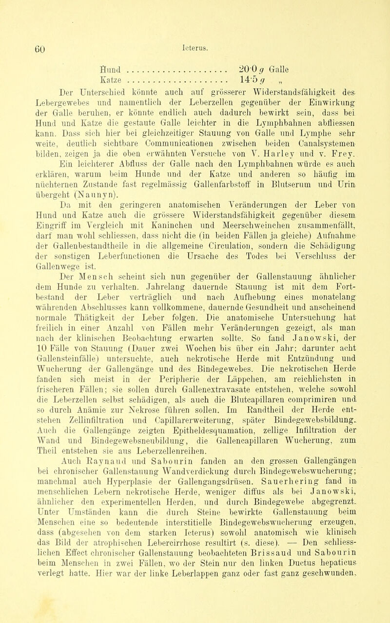 60 Icterus. Hund Katze 20 0^ Galle Der Untersc-hied könnte auch auf grösserer Widerstandsfähigkeit des- ' Lebergewebes und namentlich der Leberzellen gegenüber der Einwirkung der Gralle beruhen, er könnte endlich auch dadurch bewirkt sein, dass bei Hund und Katze die gestaute Galle leichter in die Lyuiphbahnen abfliessen kann. Dass sich hier bei gleichzeitiger Stauung von Galle und Lymphe sehr weite, deutli(-'h sichtbare Oommimieationen zwischen beiden Canalsystemen- j bilden, zeigen ja die oben erwähnten Versuche von V. Harley und v. Frey. ] Ein leichterer Abfluss der Galle nach den Lymphbahnen würde es auch : erklären, warum beim Hunde und der Katze und anderen so häufig im- nüchternen Zustande fast regelmässig Gallenfarbstoff in Blutserum und Urin. | übergeht (Naunyn). i Da mit den geringeren anatomischen Veränderungen der Leber von ■ Hund und Katze auch die grössere Widerstandsfähigkeit gegenüber diesem. j Eingriff im Vergleich mit Kaninchen und Meerschweinchen zusammenfällt, j darf man wohl schliessen, dass nirht die (in beiden Fällen ja gleiche) Aufnahme- ! der Gallenbestandtheile in die allgemeine Circulation, sondern die Schädigung ] der sonstigen Leberfunctionen die Ursache des Todes bei Verschluss der ! Gallenwege ist. i Der Mensch scheint sich nun gegenüber der Gallenstauung ähnlicher j dem Hunde zu verhalten. Jahrelang dauernde Stauung ist mit dem Fort- bestand der Leber verträgUch und nach Aufhebung eines monatelang . währenden Abschlusses kann vollkommene, dauernde Gesundheit und anscheinend normale Thätigkeit der Leber folgen. Die anatomische Untersuchung hat freilich in einer Anzahl von Fällen mehr Veränderungen gezeigt, als man nach der klinischen Beobachtung erwarten sollte. So fand Janowski, der ' 10 Fälle von Stauung (Dauer zwei Wochen bis über ein Jahr; darunter acht Gallensteinfälle) untersuchte, auch nekrotische Herde mit Entzündung und i Wucherung der Gallengänge und des Bindegewebes. Die nekrotischen Herde i fanden sich meist in der Peripherie der Läppchen, am reichlichsten in frischeren Fällen; sie sollen durch Gallenextravasate entstehen, welche sowohl ' die Leberzellen selbst schädigen, als auch die Bhitcapillaren comprimiren und so durch Anämie zur Nekrose führen sollen. Im Eandtheil der Herde ent- stehen Zellinfiltration und Capillarerweiterung, später Bindegewebsbildung. [ Auch die Gallengänge zeigten Epitheldesquamation, zellige Infiltration der Wand und Bindegewebsneubildung, die Gallencapillaren Wucherung, zum i Theil entstehen sie aus Leberzellenreihen. Auch Eaynaud und Sabourin fanden an den grossen Gallengängen bei chronischer Gallenstauung Wandverdickung durch Bindegewebswucherung; manchmal auch Hyperplasie der Gallengangsdrüsen. Sauerhering fand in menschlichen Lebern nekrotische Herde, weniger diffus als bei Janowski, ■] ähnlicher den experimentellen Herden, und durch Bindegewebe abgegrenzt. Unter Umständen kann die durch Steine bewirkte Gallenstauung beim ■ Menschen eine so bedeutende interstitielle Bindegewebswucherung erzeugen, ; dass (abgesehen von dem starken Icterus) sowohl anatomisch wie klinisch das Bild der atrophischen Lebercirrhose resultirt (s. diese). — Den schliess- lichen Effect chronisclier Gallenstauung beobacliteten Brissaud und Sabourin beim Mensclien in zwei Fällen, wo der Stein nur den linken Ductus hepaticus verlegt hatte. Hier war der linke Leberlappen ganz oder fast ganz geschwunden^ ■