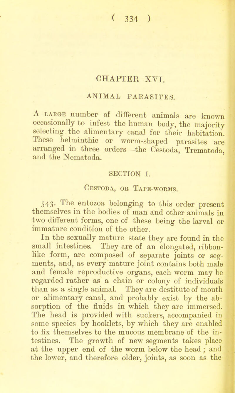 CHAPTER XVI. ANIMAL PAEASITES. A large number of different animals are known occasionally to infest the human body, the majority selecting the alimentary canal for their habitation. These helminthic or worm-shaped parasites are arranged in three orders—the Cestoda, Trematoda, and the Nematoda. SECTION I. Cestoda, on Tape-worms. 543. The entozoa belonging to this order present themselves in the bodies of man and other animals in two different forms, one of these being the larval or immature condition of the other. In the sexually mature state they are found in the small intestines. They are of an elongated, ribbon- like form, are composed of separate joints or seg- ments, and, as every mature joint contains both male and female reproductive organs, each worm may be regarded rather as a chain or colony of individuals than as a single animal. They are destitute of mouth or alimentary canal, and probably exist by the ab- sorption of the fluids in which they are immersed. The head is provided with suckers, accompanied in some species by hooklets, by which they are enabled to fix themselves to the mucous membrane of the in- testines. The growth of new segments takes place at the upper end of the worm below the head ; and the lower, and therefore older, joints, as soon as the