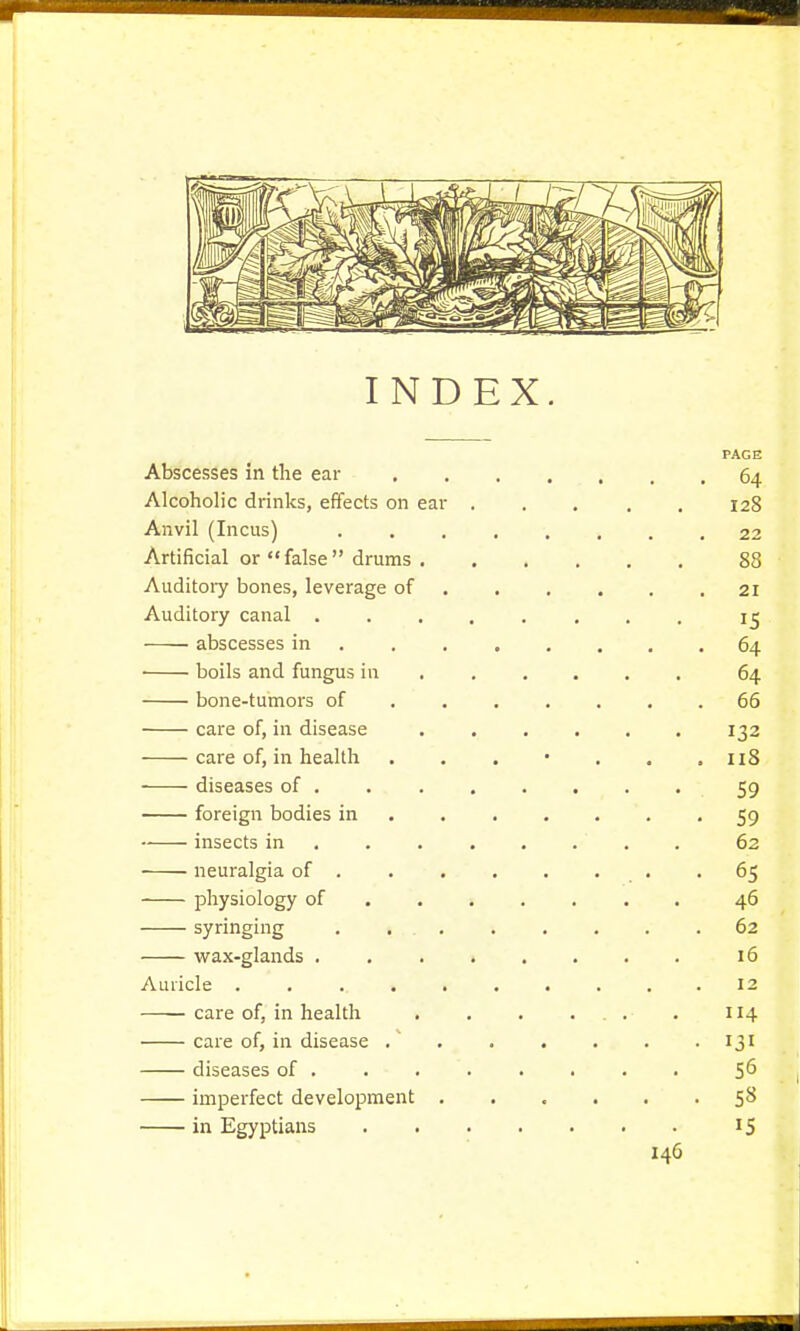 INDEX PAGE A Vicppccpc: in flip onr r\ LO^CroCo 111 LUC CtLL • • • , xiiLuiiuiic uniiKSj enecis on eai . , , 125 A nwi 1 / inflict rl.ll vil I J.lIUUb 1 ■ . , » , 22 Artificial or false drums . 88 Auditory bones, leverage of . , 21 Auditory canal 15 abscesses in . , . 0 . 64 ■ uons aiiu lungus in . . . • UOIIC-lUlUOlb <J1 • . • • ■ • . OO care of, in disease . 132 care of, in health . . Il8 diseases of . . . . . . 59 foreign bodies in ... • 59 insects in ..... 62 neuralgia of . ... .65 physiology of .... . . 46 syringing . i .. • . 62 wax-glands ...... 16 Auricle ....... 12 care of, in health .... 114 care of, in disease . . . . • 131 diseases of . . . 56 imperfect development . . . . 58 in Egyptians 15