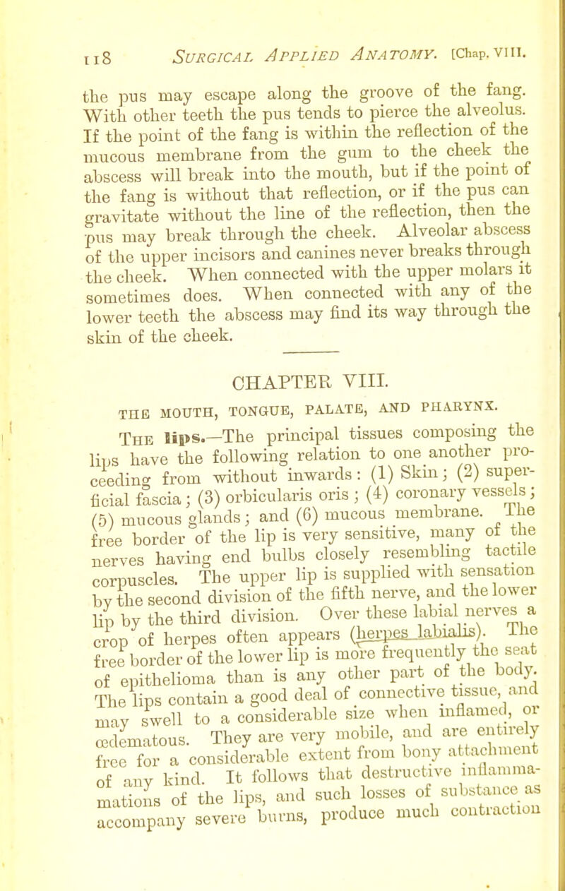 tlie pus may escape along the groove of the fang. With other teeth the pus tends to pierce the alveolus. If the point of the fang is Avitlnn the reflection of the mucous membrane from the gum to the cheek the abscess will break into the mouth, but if the pomt of the fang is without that reflection, or if the pus can gravitate without the line of the reflection, then the pus may break through the cheek. Alveolar abscess of the upper incisors and canines never breaks through the cheek. When connected with the upper molars it sometimes does. When connected with any of the lower teeth the abscess may find its way through the skin of the cheek. CHAPTER VIII. THE MOUTH, TONGUE, PALATE, AND PHARYNX. The lips.—The principal tissues composing the liijs have the following relation to one another pro- ceedin<^ from without inwards: (1) Skm; (2) super- ficial fascia; (3) orbicularis oris ; (4) coronary vessels; (5) mucous glands; and (6) mucous membrane, ihe free border of the lip is very sensitive, many ot the nerves having end bulbs closely resemblmg tactile corpuscles. The upper lip is supplied with sensation bv the second division of the fifth nerve, and the lower lip by the third division. Over these labial nerves a crop of herpes often appears (herp^kbicalis). The free border of the lower lip is more frequently the seat of epithelioma than is any other part of the body. The lips contain a good deal of connective tissue, and may swell to a considerable size when inflamed, or cedematous. They are very mobile, and are en -^^^^^^ free for a considerable extent from bony attachment of any kind. It follows that destructive inflamma- matioiis of the lips, and such losses of substance as Accompany severe burns, produce much contraction