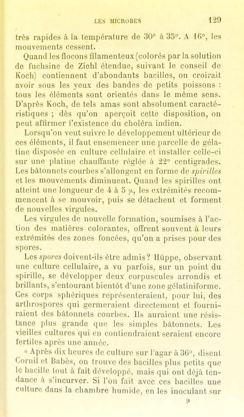 très rapides à la température de 30° à 35°. A 16°, les mouvements cessent. Quand les flocons filamenteux (colorés par la solution de fuchsine de Ziehl étendue, suivant le conseil de Koch) contiennent d'abondants bacilles, on croirait avoir sous les yeux des bandes de petits poissons : tous les éléments sont orientés dans le même sens. D'après Koch, de tels amas sont absolument caracté- ristiques ; dès qu'on aperçoit cette disposition, on peut affirmer l'existence du choléra indien. Lorsqu'on veut suivre le développement ultérieur de ces éléments, il faut ensemencer une parcelle de géla- tine disposée en culture cellulaire et installer celle-ci sur une platine chauffante réglée à 22° centigrades. Les bâtonnets courbes s'allongent en forme de spirilles et les mouvements diminuent. Quand les spirilles ont atteint une longueur de 4 à 5 \l, les extrémités recom- mencent à se mouvoir, puis se détachent et forment de nouvelles virgules. Les virgules de nouvelle formation, soumises à l'ac- tion des matières colorantes, offrent souvent à leurs extrémités des zones foncées, qu'on a prises pour des spores. Les spores doivent-ils être admis? Huppe, observant une culture cellulaire, a vu parfois, sur un point du spirille, se développer deux corpuscules arrondis et brillants, s'entourant bientôt d'une zone gélatiniforme. Ces corps sphériques représenteraient, pour lui, des arthrospores qui germeraient directement et fourni- raient des bâtonnets courbes. Ils auraient une résis- tance plus grande que les simples bâtonnets. Les vieilles cultures qui en contiendraient seraient encore fertiles après une année. « Après dix heures de culture sur l'agar à 36°, disent Corail et Babès, on trouve des bacilles plus petits que le bacille tout à fait développé, mais qui ont déjà ten- dance â s'incurver. Si l'on fait avec ces bacilles une culture dans la chambre humide, en les inoculant sur o