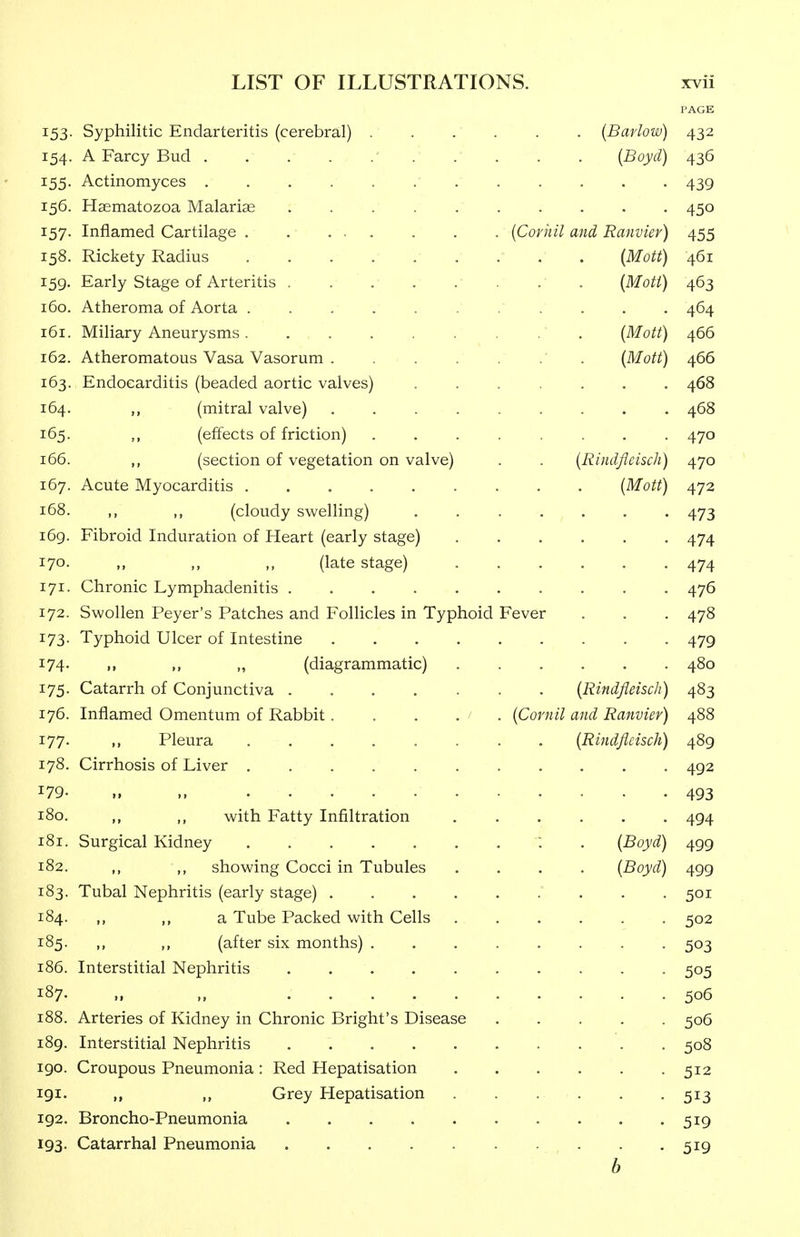 PAGE 153- Syphilitic Endarteritis (cerebral) (Barlow) 432 154. A Farcy Bud (Boyd) 436 155. Actinomyces ............ 439 156. Haematozoa Malariae 450 157. Inflamed Cartilage {Cork II and Ranvier) 455 158. Rickety Radius [Mott) 461 159. Early Stage of Arteritis . . . . . . . . {Moti) 463 160. Atheroma of Aorta ' . . . . 464 161. Miliary Aneurysms [Mott) 466 162. Atheromatous Vasa Vasorum ' . {Mott) 466 163. Endocarditis (beaded aortic valves) . 468 164. (mitral valve) 468 165. ,, (effects of friction) 470 166. „ (section of vegetation on valve) . . {Rindfleisch) 470 167. Acute Myocarditis {Mott) 472 168. ,, ,, (cloudy swelling) ....... 473 169. Fibroid Induration of Heart (early stage) ...... 474 170- (late stage) 474 171. Chronic Lymphadenitis 476 172. Swollen Peyer's Patches and Follicles in Typhoid Fever . . . 478 173- Typhoid Ulcer of Intestine 479 174. ,, „ (diagrammatic) ...... 480 175. Catarrh of Conjunctiva ....... {Rindfleisch) 483 176. Inflamed Omentum of Rabbit ..... {Cornil and Ranvier) 488 177. ,, Pleura ........ {Rindfleisch) 489 178. Cirrhosis of Liver 492 179- M „ 493 180. ,, ,, with Fatty Infiltration ...... 494 181. Surgical Kidney : . {Boyd) 499 182. ,, ,, showing Cocci in Tubules .... {Boyd) 499 183. Tubal Nephritis (early stage) 501 184. ,, ,, a Tube Packed with Cells ...... 502 185. ,, ,, (after six months) ........ 503 186. Interstitial Nephritis 505 187. „ 506 188. Arteries of Kidney in Chronic Bright's Disease ..... 506 189. Interstitial Nephritis 508 190. Croupous Pneumonia : Red Hepatisation 512 191. „ Grey Hepatisation . . . . . . 513 192. Broncho-Pneumonia 519 193. Catarrhal Pneumonia 519 b