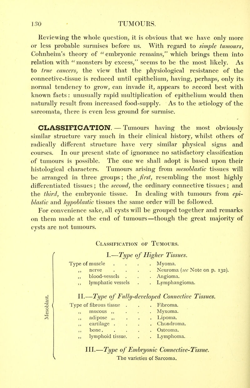 Reviewing the whole question^ it is obvious that we have only more or less probable surmises before us. With regard to simple tumours, Cohnheim's theory of embryonic remains/' which brings them into relation with monsters by excess/' seems to be the most likely. As to true cancers, the view that the physiological resistance of the connective-tissue is reduced until epithelium^ having, perhaps,, only its normal tendency to grow, can invade it, appears to accord best with known facts: unusually rapid multiplication of epithelium would then naturally result from increased food-suppty. As to the aetiology of the sarcomata, there is even less ground for surmise. CLASSIFICATION. — Tumours having the most obviously similar structure vary much in their clinical history, whilst others of radically different structure have very similar physical signs and courses. In our present state of ignorance no satisfactory classification of tumours is possible. The one we shall adopt is based upon their histological characters. Tumours arising from mesohlastic tissues will be arranged in three groups; the ^first, resembling the most highly differentiated tissues; the secojid, the ordinary connective tissues; and the third, the embryonic tissue. In dealing with tumours from ejji- hlastic and hi/poblastic tissues the same order will be followed. For convenience sake, all cysts will be grouped together and remarks on them made at the end of tumours—though the great majority of cysts are not tumours. Classification of Tumours. I.—Ti/pe of Higher Tissues. Type of muscle .... Myoma. nerve .... Neuroma Note on p. 132). blood-vessels . . . Angioma, lymphatic vessels . . Lymphangioma. II.—Ti/pe of Ful/i/-developed Connective Tissues. Type of fibrous tissue . . . Fibroma. ,, mucous ,, . . . Myxoma. ,, adipose ,, . . , Lipoma. ,, cartilage .... Chondroma. ,, bone..... Osteoma. ,, lymphoid tissue, . . Lymphoma. III.— Type of Emhryouic Connective-Tissiie, The varieties of Sarcoma.