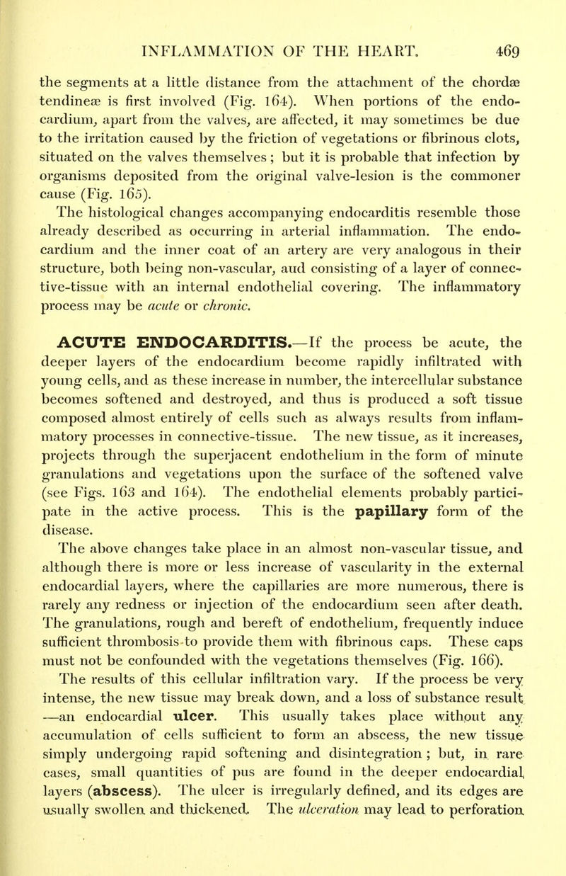 the segments at a little distance from the attachment of the chordae tendineae is first involved (Fig. l64). When portions of the endo- cardium^ apart from the valves, are affected, it may sometimes be due to the irritation caused by the friction of vegetations or fibrinous clots, situated on the valves themselves; but it is probable that infection by organisms deposited from the original valve-lesion is the commoner cause (Fig. l65). The histological changes accompanying endocarditis resemble those already described as occurring in arterial inflammation. The endo- cardium and the inner coat of an artery are very analogous in their structure, both being non-vascular, aud consisting of a layer of connect tive-tissue with an internal endothelial covering. The inflammatory process may be acute or chronic. ACUTE ENDOCARDITIS.—If the process be acute, the deeper layers of the endocardium become rapidly infiltrated with young cells, and as these increase in number, the intercellular substance becomes softened and destroyed, and thus is produced a soft tissue composed almost entirely of cells such as always results from inflam- matory processes in connective-tissue. The new tissue, as it increases, projects through the superjacent endothelium in the form of minute granulations and vegetations upon the surface of the softened valve (see Figs. l63 and l64). The endothelial elements probably partici- pate in the active process. This is the papillary form of the disease. The above changes take place in an almost non-vascular tissue, and although there is more or less increase of vascularity in the external endocardial layers, where the capillaries are more numerous, there is rarely any redness or injection of the endocardium seen after death. The granulations, rough and bereft of endothelium, frequently induce sufficient thrombosis to provide them with fibrinous caps. These caps must not be confounded with the vegetations themselves (Fig. I66). The results of this cellular infiltration vary. If the process be very intense, the new tissue may break down, and a loss of substance result —an endocardial ulcer. This usually takes place without any accumulation of cells sufficient to form an abscess, the new tissue simply undergoing rapid softening and disintegration ; but, in rare cases, small quantities of pus are found in the deeper endocardial, layers (abscess). The ulcer is irregularly defined, and its edges are usually swollen and tliickened. The iilceration may lead to perforatioa