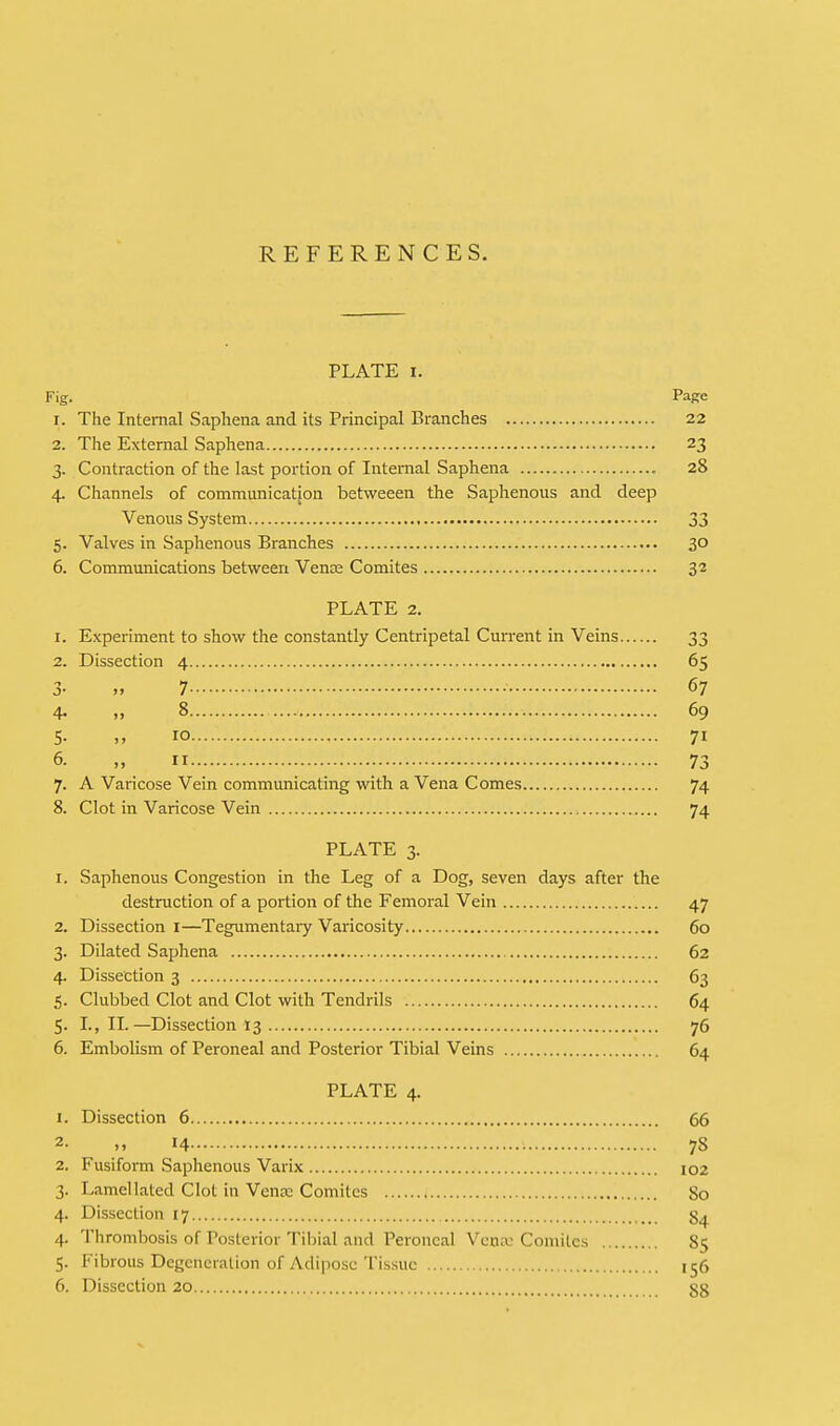 REFERENCES. PLATE i. Fig. Page 1. The Internal Saphena and its Principal Branches 22 2. The External Saphena 23 3. Contraction of the last portion of Internal Saphena 28 4. Channels of communication betvveeen the Saphenous and deep Venous System 33 5. Valves in Saphenous Branches 3° 6. Communications between Venae Comites 32 PLATE 2. 1. Experiment to show the constantly Centripetal Current in Veins 33 2. Dissection 4 65 3- » 7 67 4- ,» 8 69 5- » 10 71 6- „  73 7. A Varicose Vein communicating with a Vena Comes 74 8. Clot in Varicose Vein 74 PLATE 3. 1. Saphenous Congestion in the Leg of a Dog, seven days after the destruction of a portion of the Femoral Vein 47 2. Dissection 1—Tegumentary Varicosity 60 3. Dilated Saphena 62 4. Dissection 3 63 5. Clubbed Clot and Clot with Tendrils 64 5. I., II.—Dissection 13 76 6. Embolism of Peroneal and Posterior Tibial Veins 64 PLATE 4. 1. Dissection 6 66 2. „ 14 78 2. Fusiform Saphenous Varix 102 3. Lamellated Clot in Vena: Comites So 4. Dissection 17 3^ 4. Thrombosis of Posterior Tibial and Peroneal Vena: Comites 85 5. Fibrous Degeneration of Adipose Tissue 156 6. Dissection 20 Sg