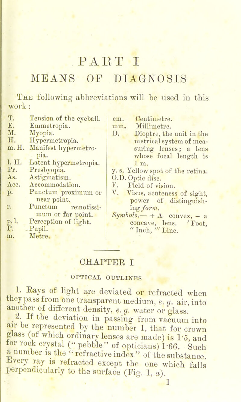 MEANS OF DIAGNOSIS The following abbreviations will be used in this work: T. Tension of the eyeball. E. Emmetropia. M. Myopia. H. Hypermetropia. m. H. Manifest hypermetro- pia. I. H. Latent hypermetropia. Pr. Presbyopia. As. Astigmatism. Acc. Accommodation. p. Punctum proximum or near point, r. Punctum remotissi- mum or far point, p. 1. Perception of light. P. Pupil, m. Metre. cm. Centimetre. mm. Millimetre. D. Dioptre, the unit in the metrical system of mea- suring lenses; a lens whose focal length is 1 m. y. s. Yellow spot of the retina. O.D. Optic disc. P. Field of vision. V. Visus, acuteness of sight, power of distinguish- ing ybrw. Symbols.— + A convex, - a concave, lens. ' Foot,  Inch, Line. CHAPTER I OPTICAL OUTLINES 1. Rays of light are deviated or refracted when they pass from one transparent medium, e. g. air, into another of different density, e. g. water or glass. _ 2 If the deviation in passing from vacuum into air be represented by the number 1, that for crown glass (of which ordinary lenses are made) is 1-5, and tor rock crystal ( pebble of opticians) 1-66. Such a number is the  refractive index  of the substance ilivery ray is refracted except the one which falls perpendicularly to the surface (Fig. I, a).