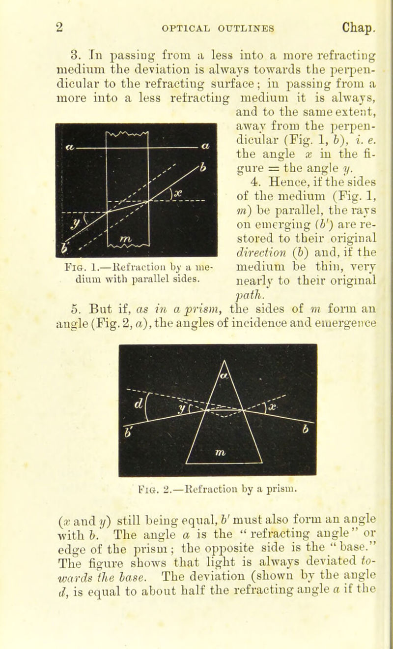 3. in passing from a less into a more refracting medium the deviation is always towards the perpen- dicular to the refracting surface; in passing from a more into a less refracting medium it is always, and to the same extent, away from the perpen- dicular (Fig. 1, 6), i. e. the angle x in the fi- gure = the angle y. 4. Hence, if the sides of the medium (Fig. 1, m) be parallel, the rays on emerging (h') are re- stored to their original direction (b) and, if the Fig. 1.—liefrat'tiou by a me- medium be thin, very diura with parallel sides. nearly to their origmal path. 5. But if, as ill a prism, the sides of m form an angle (Fig. 2, a), the angles of incidence and eruergence Fig. 2.—Kefractioii by a prism. {x and y) still being equal, h' must also form an angle with h. The angle a is the refracting angle or edge of the prism; the opjjosite side is the base. The figure shows that light is always deviated to- wards the hase. The deviation (shown by the angle d, is equal to about half the refracting angle a if the