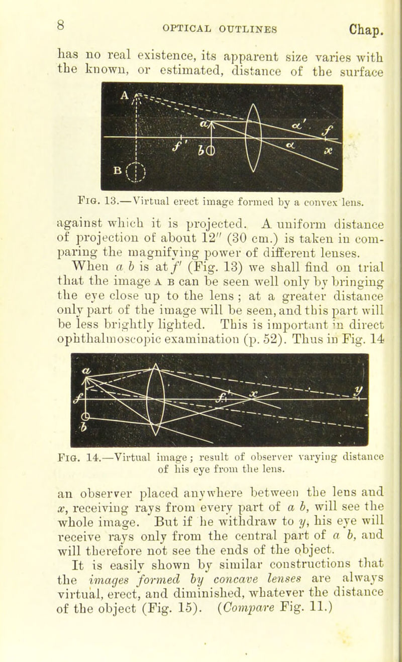 lias no real existence, its apparent size varies with the known, or estimated, distance of the surface A/ B Fig. 13.—Virtual erect image formed by a convex lens. against which it is projected. A uniform distance of projection of about 12 (30 cm.) is taken in com- paring the magnifying power of different lenses. When a & is at/ (Fig. 13) we shall find on trial that the image a b can be seen well only by bringing the eye close up to the lens ; at a greater distance only part of the image will be seen, and this part will be less brightly lighted. This is important in direct ophthalmoscopic examination (p. 52). Thus in Fig. 14 Fig, 14.—Vii-tual image; result of observer varying distance of his eye from the lens. an observer placed anywhere between the lens and X, receiving rays from every part of a b, will see the whole image. But if he withdraw to y, his eye will receive rays only from the central part of a b, and will therefore not see the ends of the object. It is easily shown by similar constructions that the images formed by concave lenses are always virtual, erect, and diminished, whatever the distance of the object (Fig. 15). {Compare Fig. 11.)