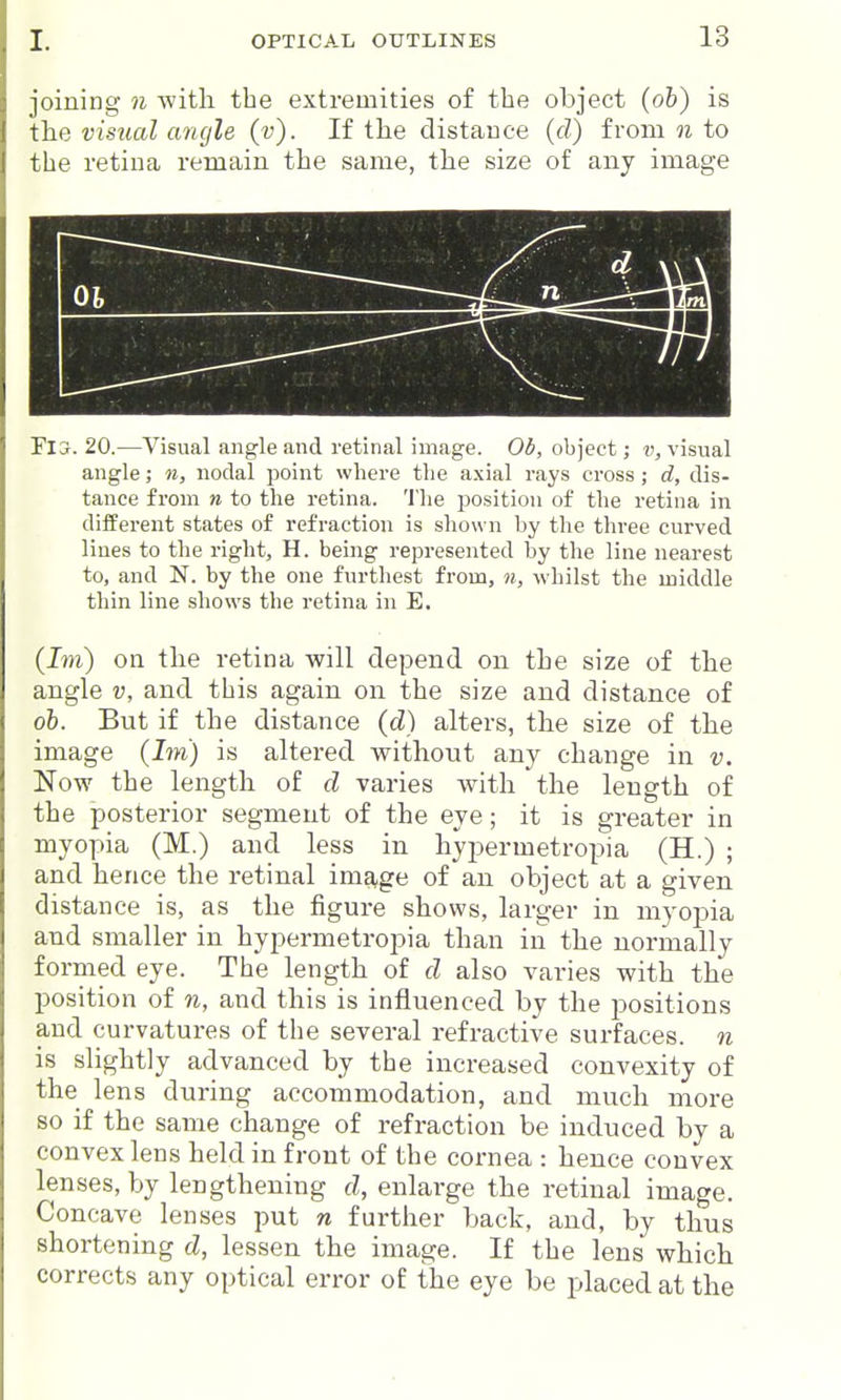 joining n with the extremities of the object {oh) is tlie visual angle (v). If the distance (d) from n to the retina remain the same, the size of any image Fis. 20.—Visual angle and retinal image. Od, object; v, visual angle; n, nodal point where the axial rays cross; d, dis- tance from n to the retina. The position of the retina in different states of refraction is shown by the three curved lines to the right, H. being represented by the line nearest to, and N. by the one furthest from, n, M'hilst the middle thin line shows the retina in E. (Im) on the retina will depend on the size of the angle v, and this again on the size and distance of oh. But if the distance (d) alters, the size of the image (Im) is altered without any change in v. Now the length of d varies with the length of the posterior segment of the eye; it is greater in myopia (M.) and less in hypermetropia (H.) ; and hence the retinal ima,ge of an object at a given distance is, as the figure shows, larger in myopia and smaller in hypermetropia than in the normally formed eye. The length of d also varies with the position of n, and this is influenced by the positions and curvatures of the several refractive surfaces, n is slightly advanced by the increased convexity of the lens during accommodation, and much more so if the same change of refraction be induced by a convex lens held in front of the cornea : hence convex lenses, by lengthening d, enlarge the retinal image. Concave lenses put n further back, and, by thus shortening d, lessen the image. If the lens which corrects any optical error of the eye be placed at the