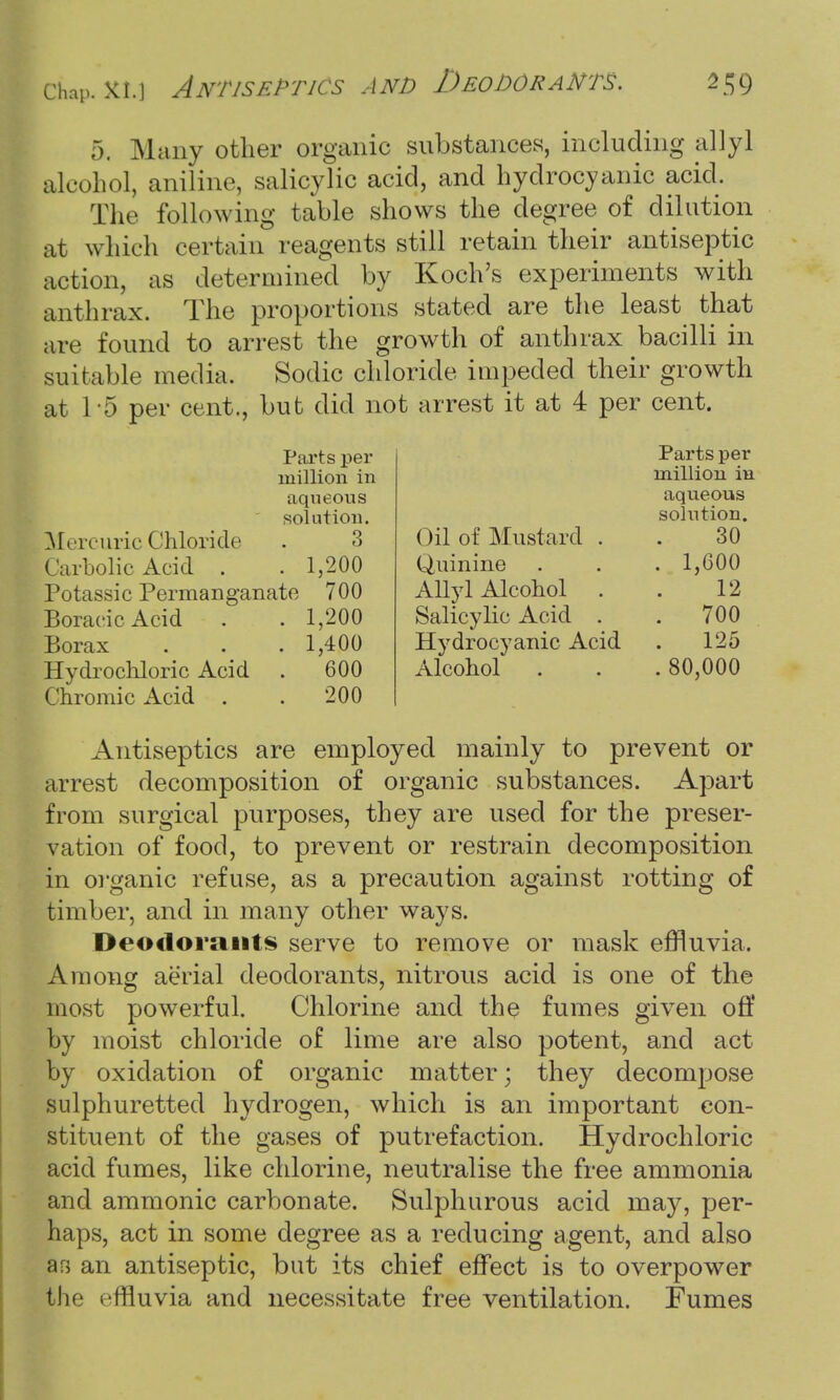 5, Many other organic substances, including allyl alcohol, aniline, salicylic acid, and hydrocyanic acid. The following table shows the degree of dilution at which certain reagents still retain their antiseptic action, as determined by Koch's experiments with anthrax. The proportions stated are the least that arc found to arrest the growth of anthrax bacilli in suitable media. Sodic chloride impeded their growth at 1 -5 per cent., but did not arrest it at 4 per cent. Parts per million in aqueous solution. Mercuric Chloride 3 Carbolic Acid . . 1,200 Potassic Permanganate 700 Boraoic Acid . 1,200 Borax . 1,400 Hydrochloric Acid . 600 Chromic Acid . . 200 Parts per million in aqueous solution. ()il of Mustard . 30 Quinine . 1,600 Allyl Alcohol . 12 Salicylic Acid . . 700 Hydrocyanic Acid 125 Alcohol . 80,000 Antiseptics are employed mainly to prevent or arrest decomposition of organic substances. Apart from surgical purposes, they are used for the preser- vation of food, to prevent or restrain decomposition in organic refuse, as a precaution against rotting of timber, and in many other ways. Deodorants serve to remove or mask effluvia. Among aerial deodorants, nitrous acid is one of the most powerful. Chlorine and the fumes given off by moist chloride of lime are also potent, and act by oxidation of organic matter; they decompose sulphuretted hydrogen, which is an important con- stituent of the gases of putrefaction. Hydrochloric acid fumes, like chlorine, neutralise the free ammonia and amnionic carbonate. Sulphurous acid may, per- haps, act in some degree as a reducing agent, and also arj an antiseptic, but its chief effect is to overpower the effluvia and necessitate free ventilation. Fumes