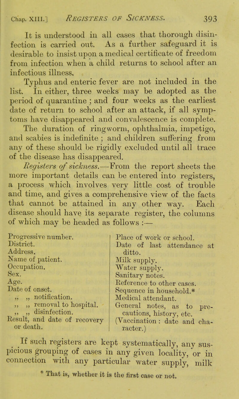 It is understood in all cases that thorough disin- fection is carried out. As a further safeguard it is desirable to insist upon a medical certificate of freedom from infection when a child returns to school after an infectious illness. Typhus and enteric fever are not included in the list. In either, three weeks may be adopted as the period of quarantine ; and four weeks as the earliest date of return to school after an attack, if all symp- toms have disappeared and convalescence is complete. The duration of ringworm, ophthalmia, impetigo, and scabies is indefinite ; and children suffering from any of these should be rigidly excluded until all trace of the disease has disappeared. Registers of sickness.—From the report sheets the more important details can be entered into registers, a process which involves very little cost of trouble and time, and gives a comprehensive view of the facts that cannot be attained in any other way. Each disease should have its separate register, the columns of which may be headed as follows :— Progressive number. District. Address. Name of patient. Occupation. Sex. Age. Date of onset. „ notification. removal to hospital. „ disinfection. Result, and date of recovery or death. Place of work or school. Date of last attendance at ditto. Milk supply. Water supply. Sanitary notes. Reference to other cases. Sequence in household.* Medical attendant. General notes, as to pre- cautions, history, etc. (Vaccination : date and cha- racter.) _ If such registers are kept systematically, any sus- picious grouping of cases in any given locality, or in connection with any particular water supply, milk * That is, whether it is the first case or not.